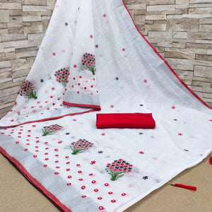 White - Red Casual Wear Floral Embroidered Linen Saree - Peachmode