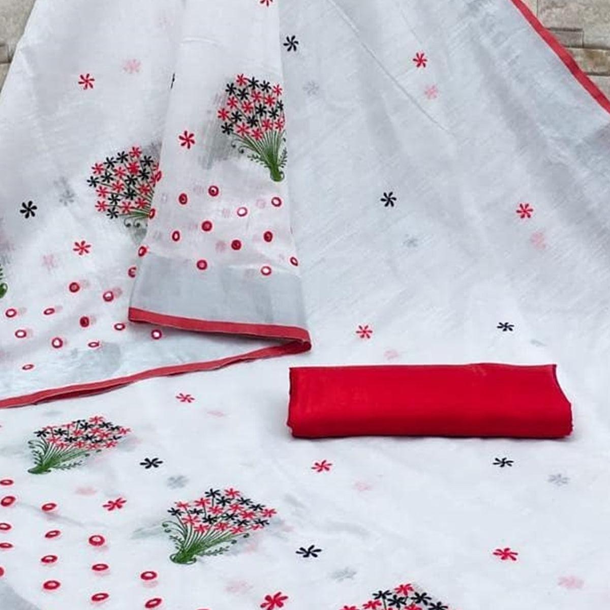 White - Red Casual Wear Floral Embroidered Linen Saree - Peachmode