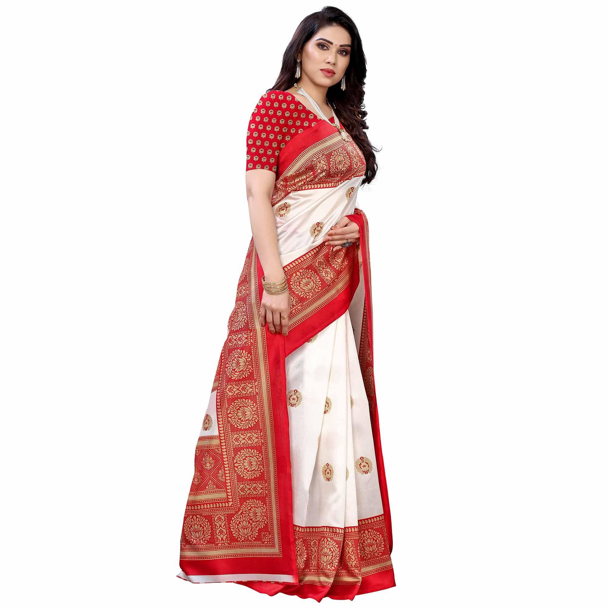 White - Red Casual Wear Printed Art Silk Saree With Border - Peachmode