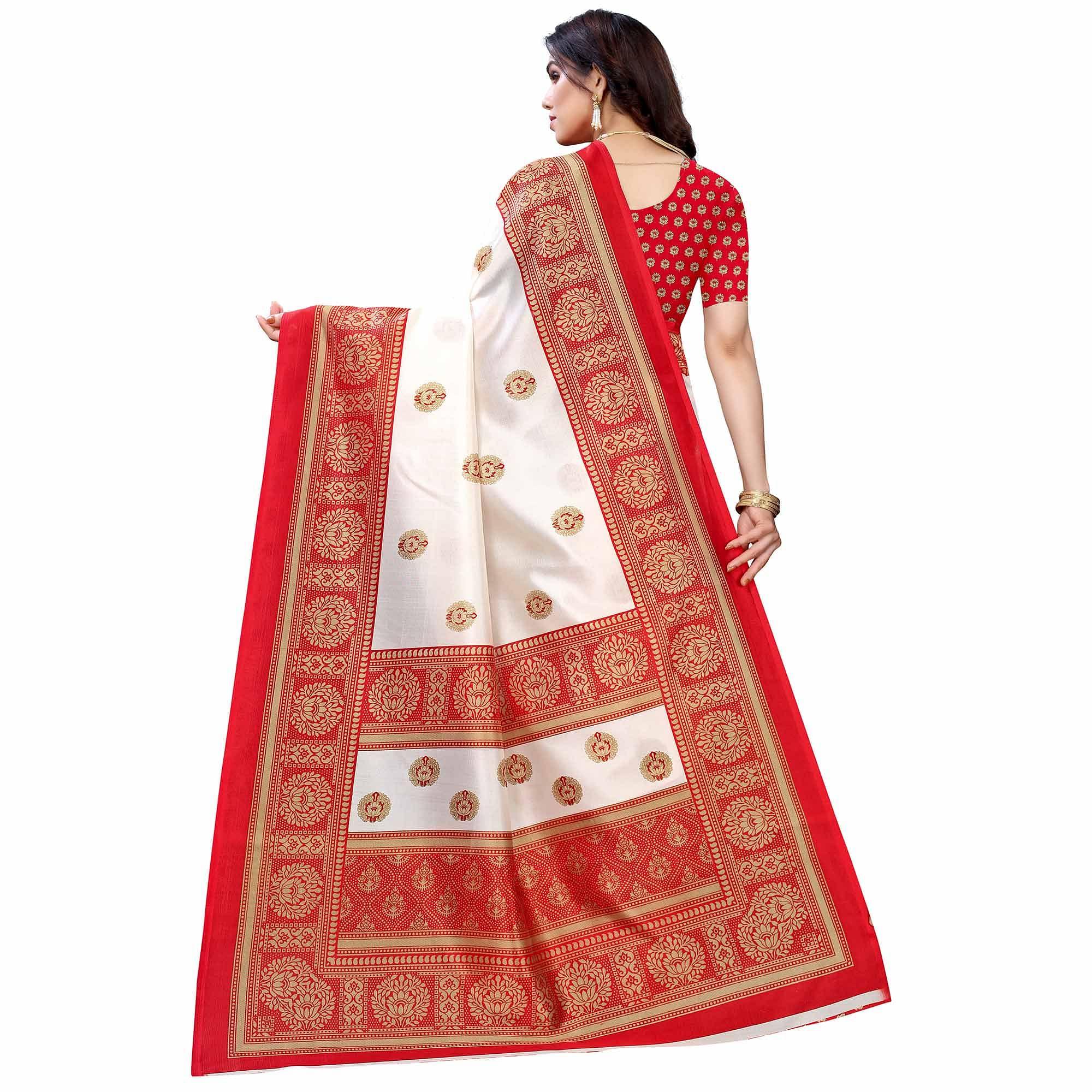 White - Red Casual Wear Printed Art Silk Saree With Border - Peachmode