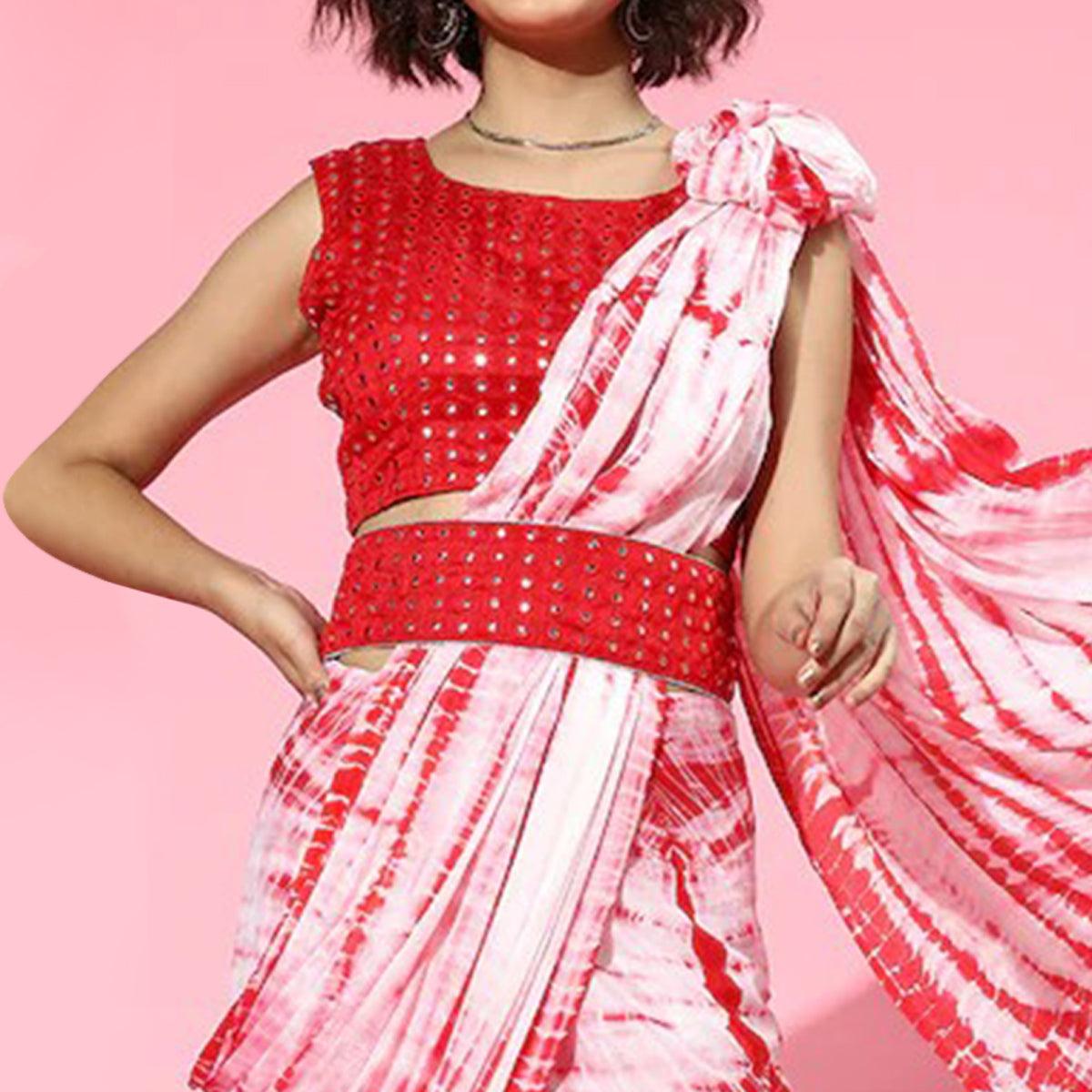 White-Red Casual Wear Printed Silk Saree - Peachmode