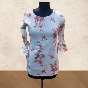 White - Red Floral Printed Cotton Blend Top - Peachmode