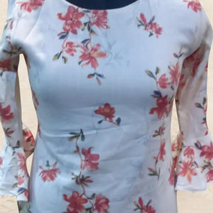 White - Red Floral Printed Cotton Blend Top - Peachmode