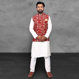 White - Red Floral Printed Pure Cotton Kurta Pyjama Set With Modi Jacket - Peachmode