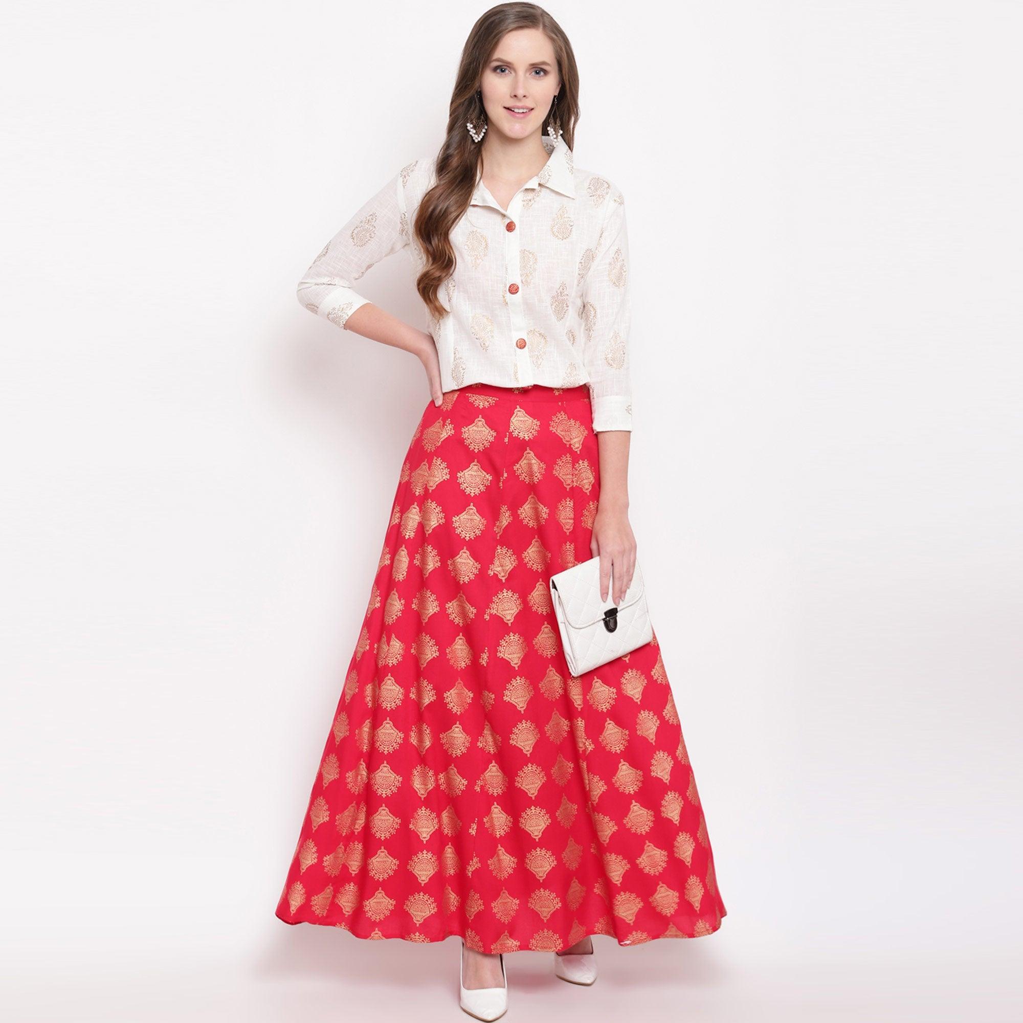 White-Red Foil Printed Pure Cotton Shirt-Skirt Set - Peachmode