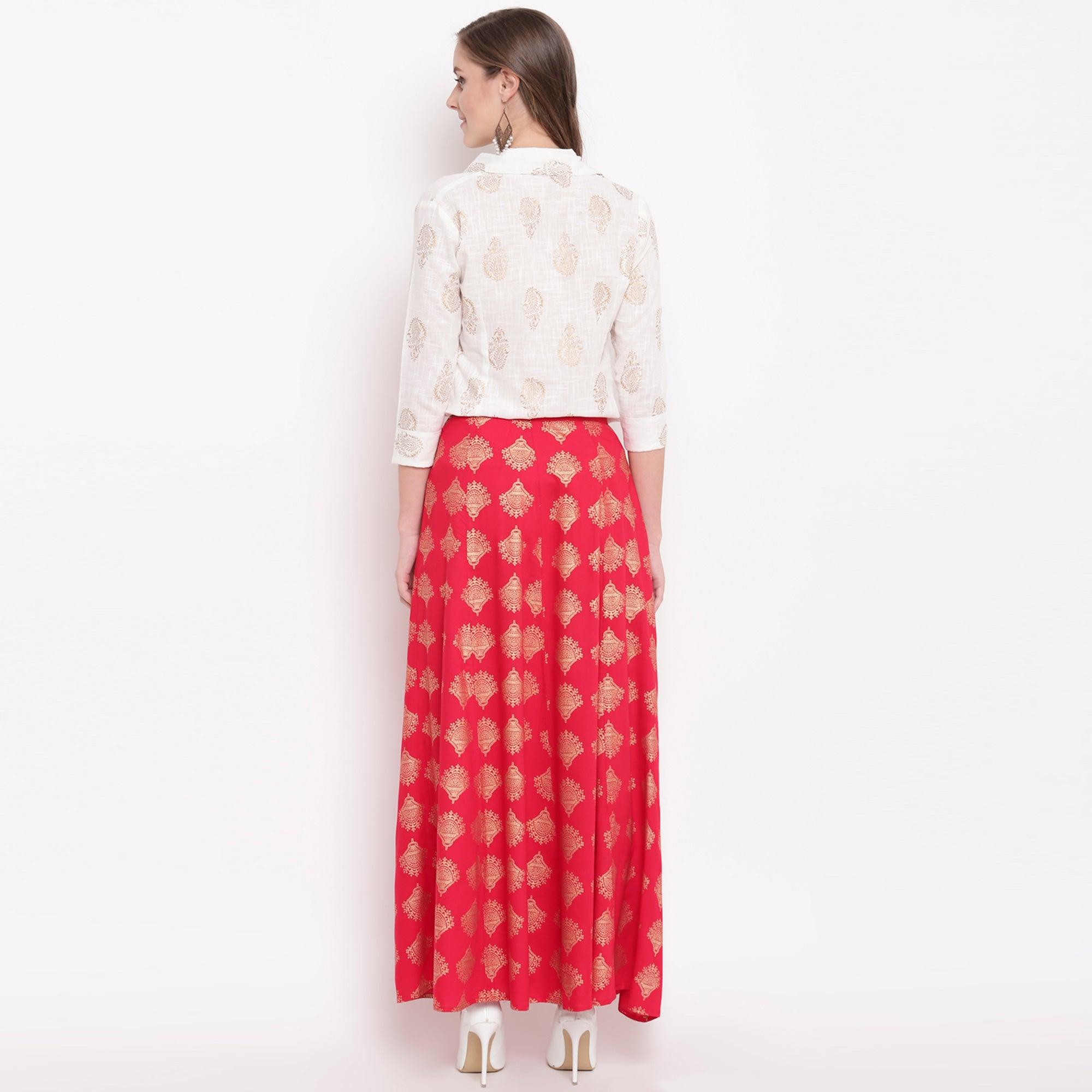 White-Red Foil Printed Pure Cotton Shirt-Skirt Set - Peachmode