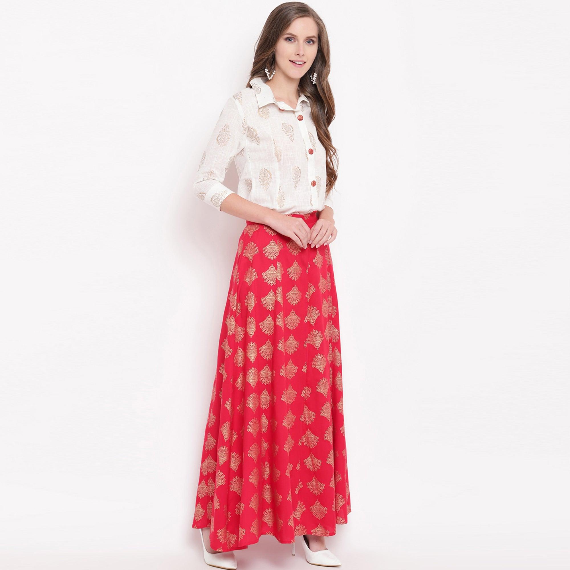 White-Red Foil Printed Pure Cotton Shirt-Skirt Set - Peachmode