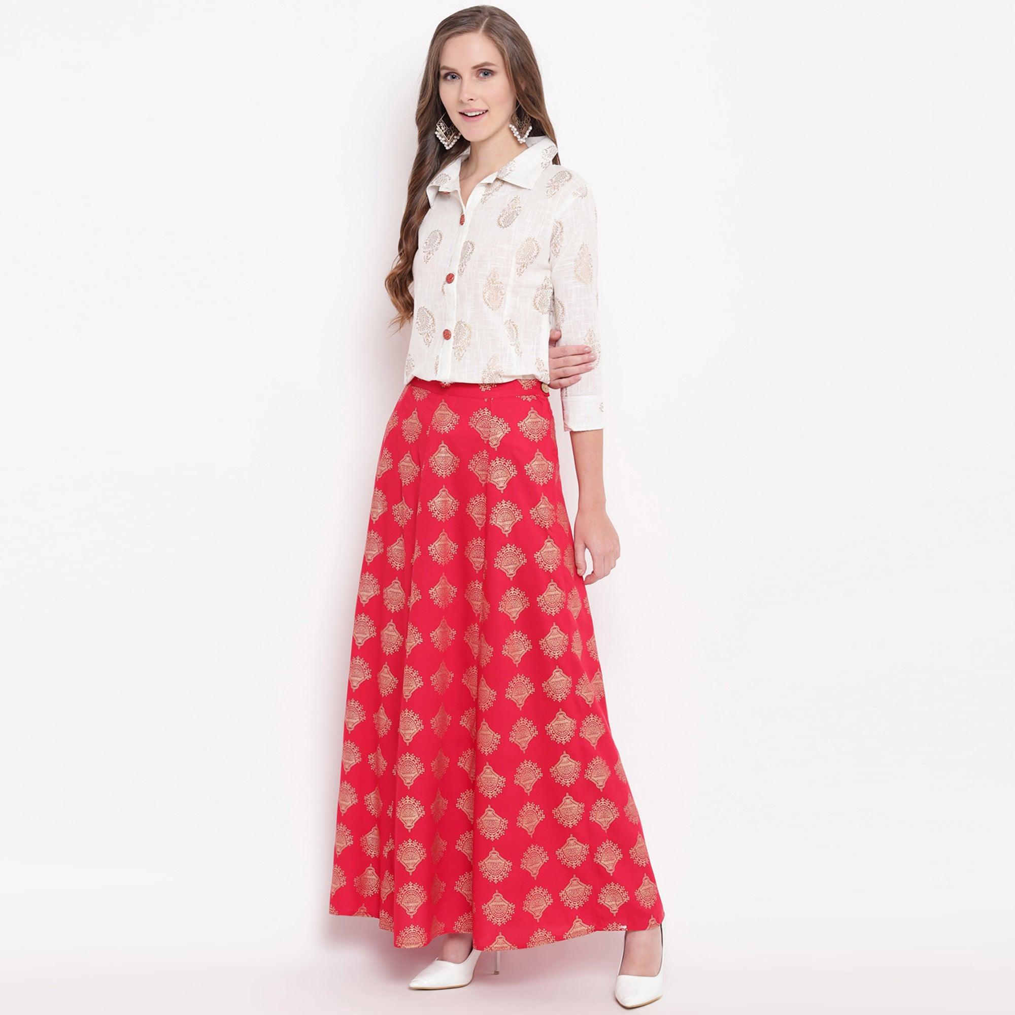 White-Red Foil Printed Pure Cotton Shirt-Skirt Set - Peachmode