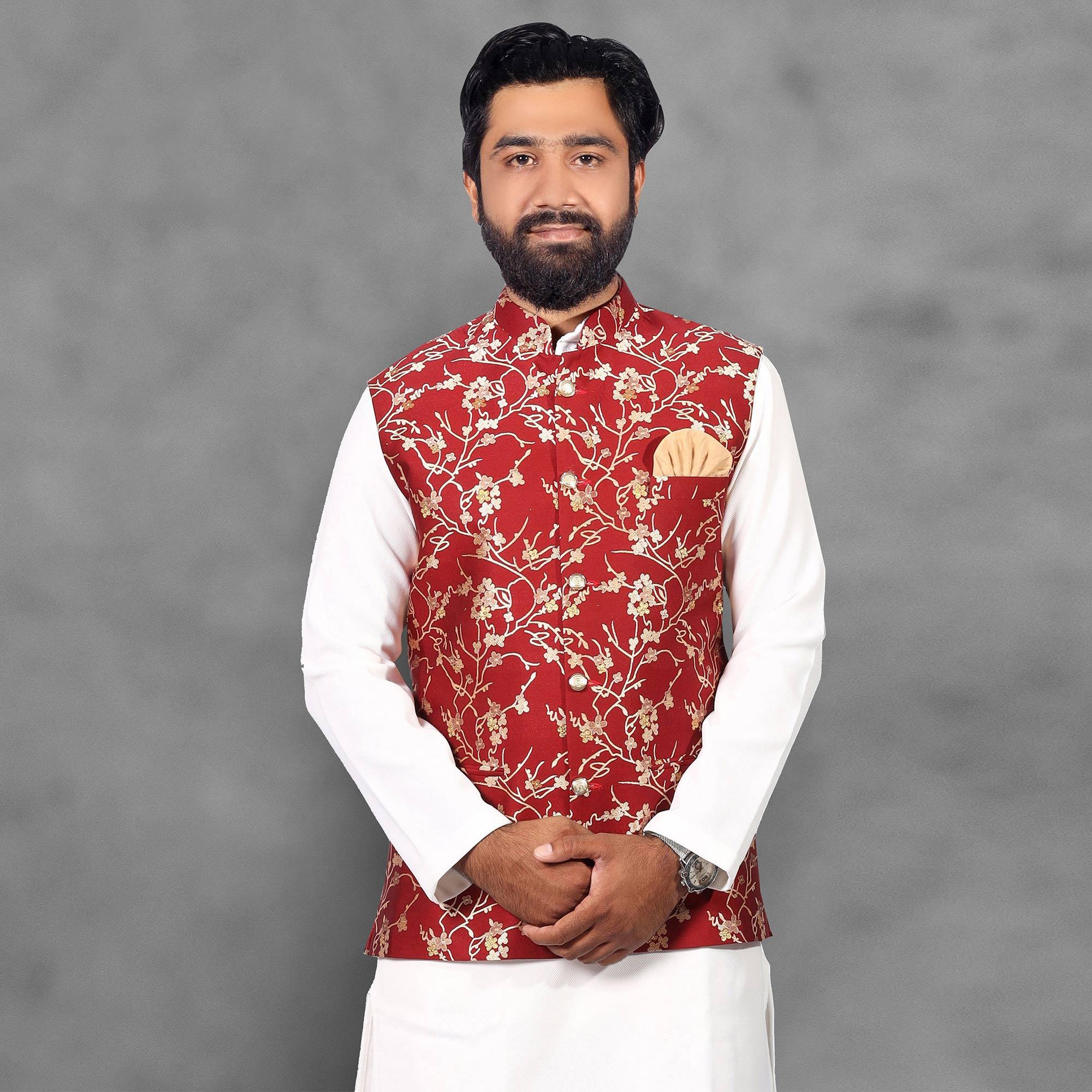 White-Red Woven Pure Cotton Kurta Pyjama Set With Modi Jacket - Peachmode