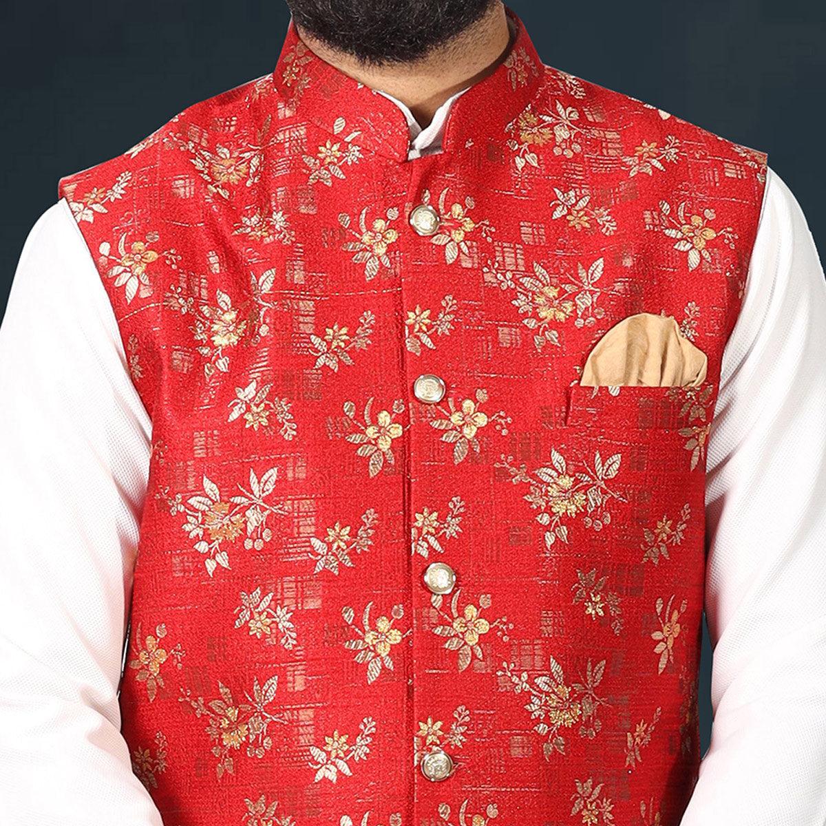 White-Red Woven Pure Cotton Kurta Pyjama Set With Modi Jacket - Peachmode