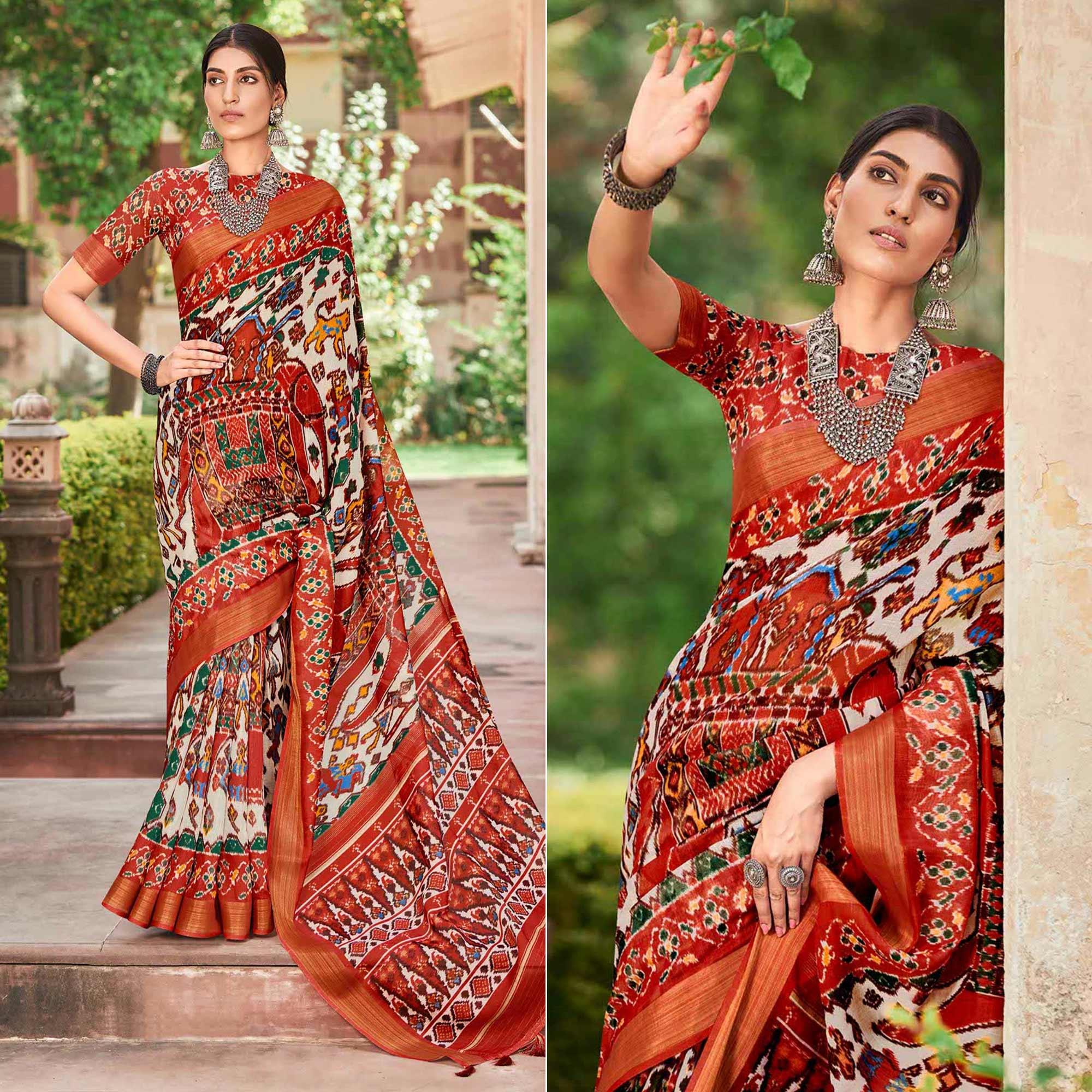 White-Rust Patola Printed Cotton Silk Saree With Tassels - Peachmode