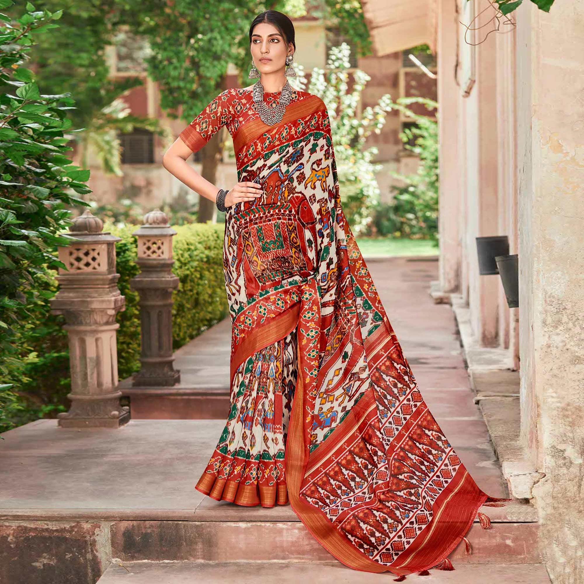 White-Rust Patola Printed Cotton Silk Saree With Tassels - Peachmode