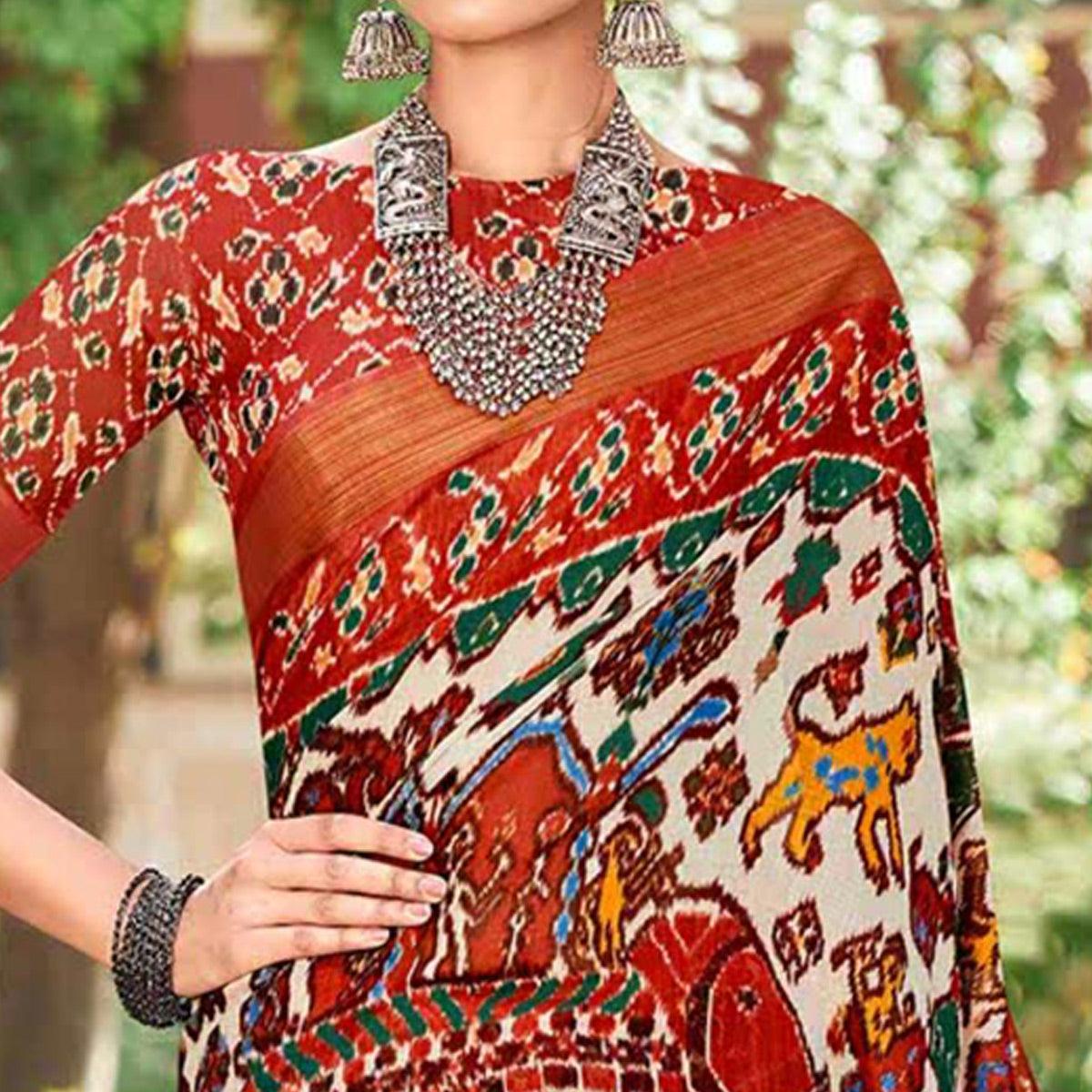 White-Rust Patola Printed Cotton Silk Saree With Tassels - Peachmode
