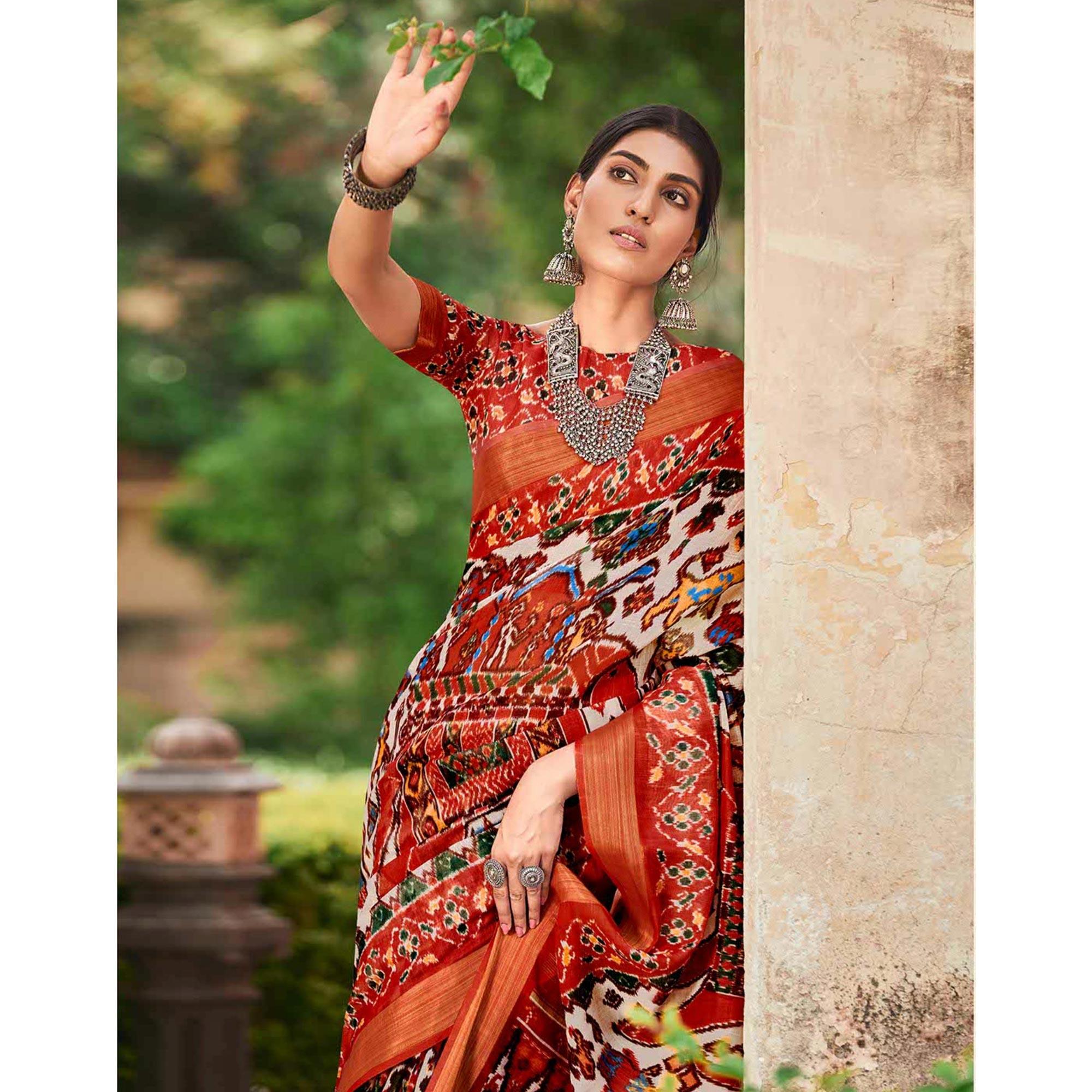 White-Rust Patola Printed Cotton Silk Saree With Tassels - Peachmode
