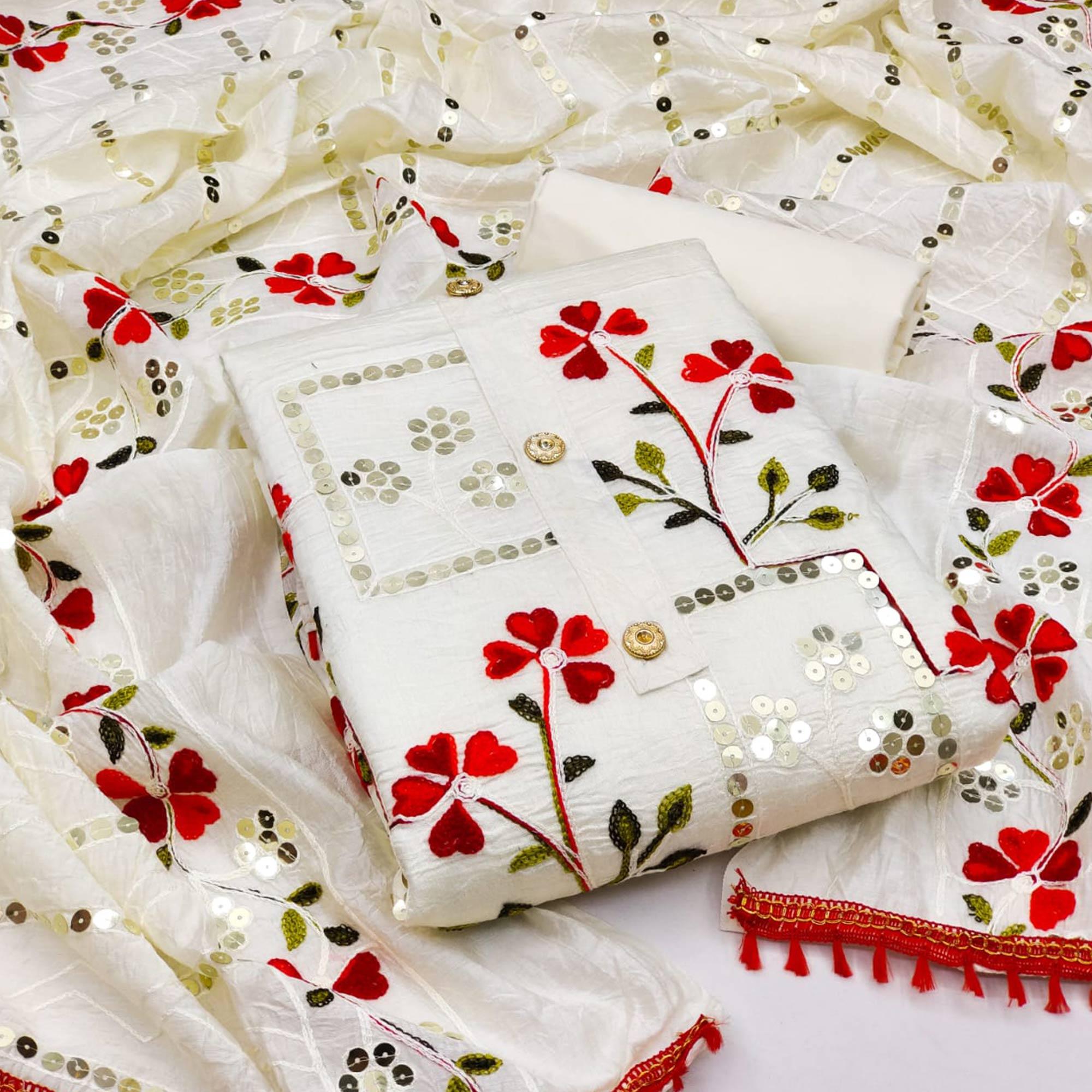 White Sequence Embroidered Chanderi Dress Material - Peachmode