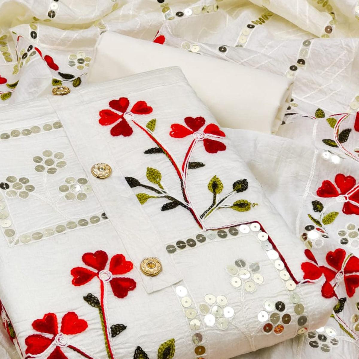 White Sequence Embroidered Chanderi Dress Material - Peachmode