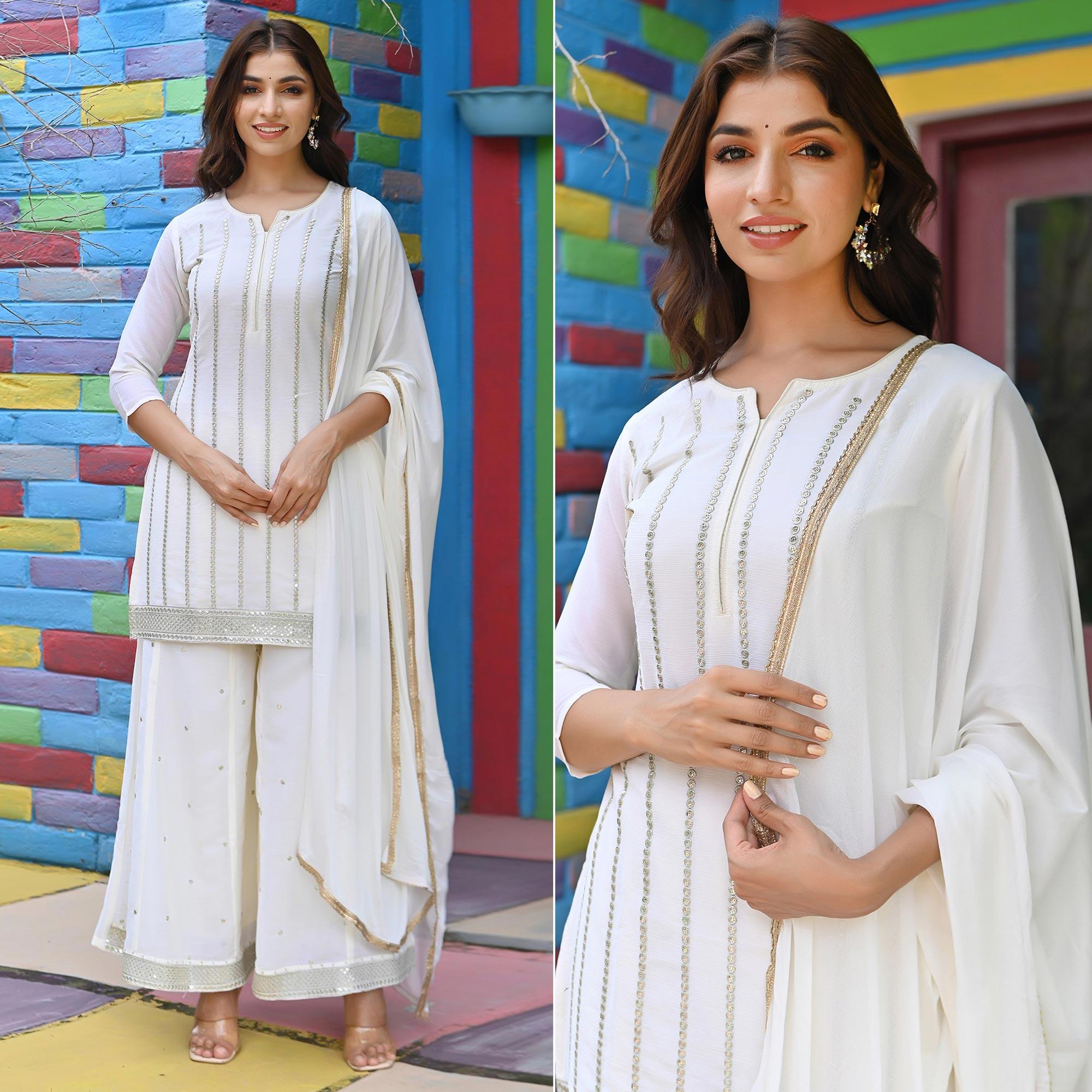 White Sequence Embroidered Chiffon Palazzo Suit - Peachmode