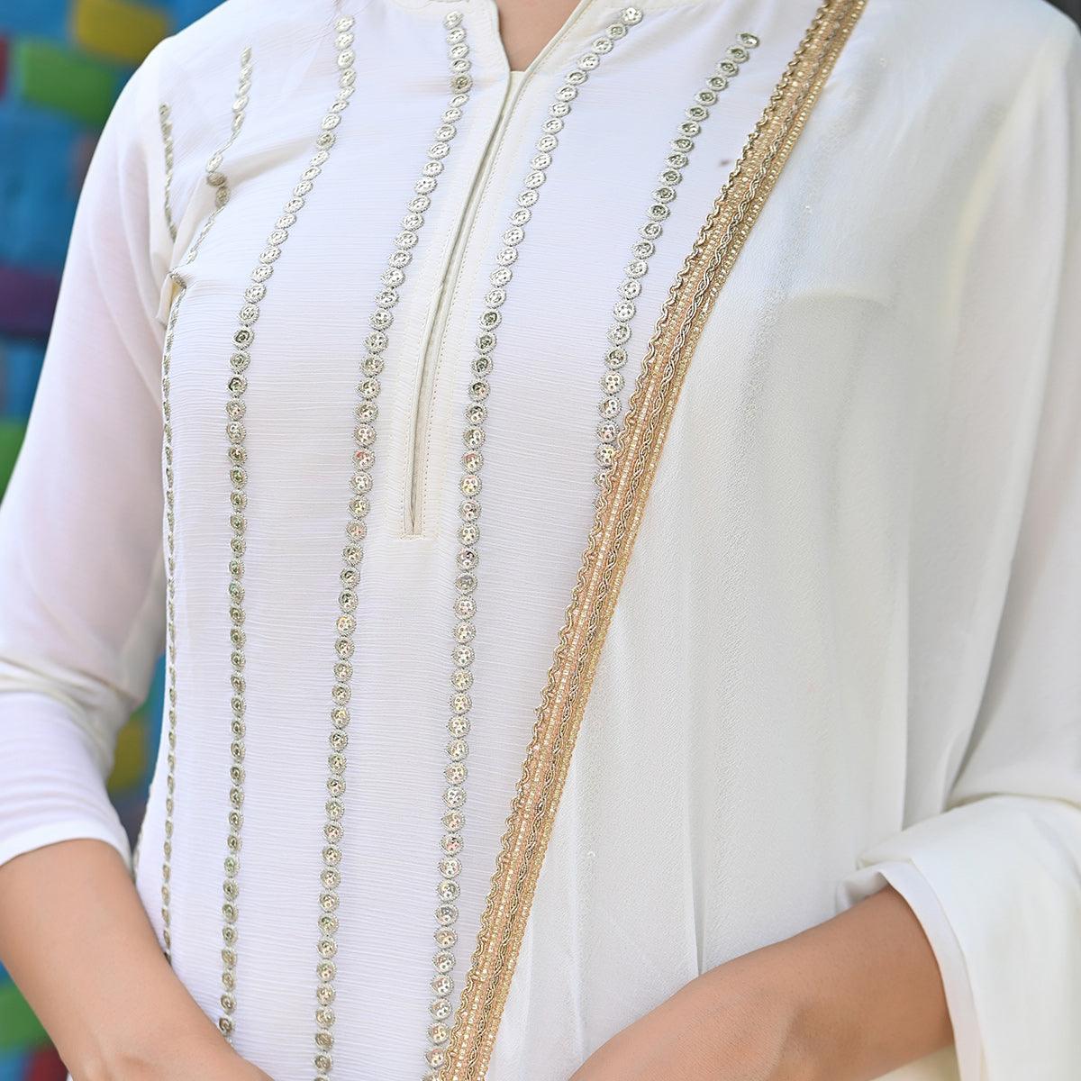 White Sequence Embroidered Chiffon Palazzo Suit - Peachmode