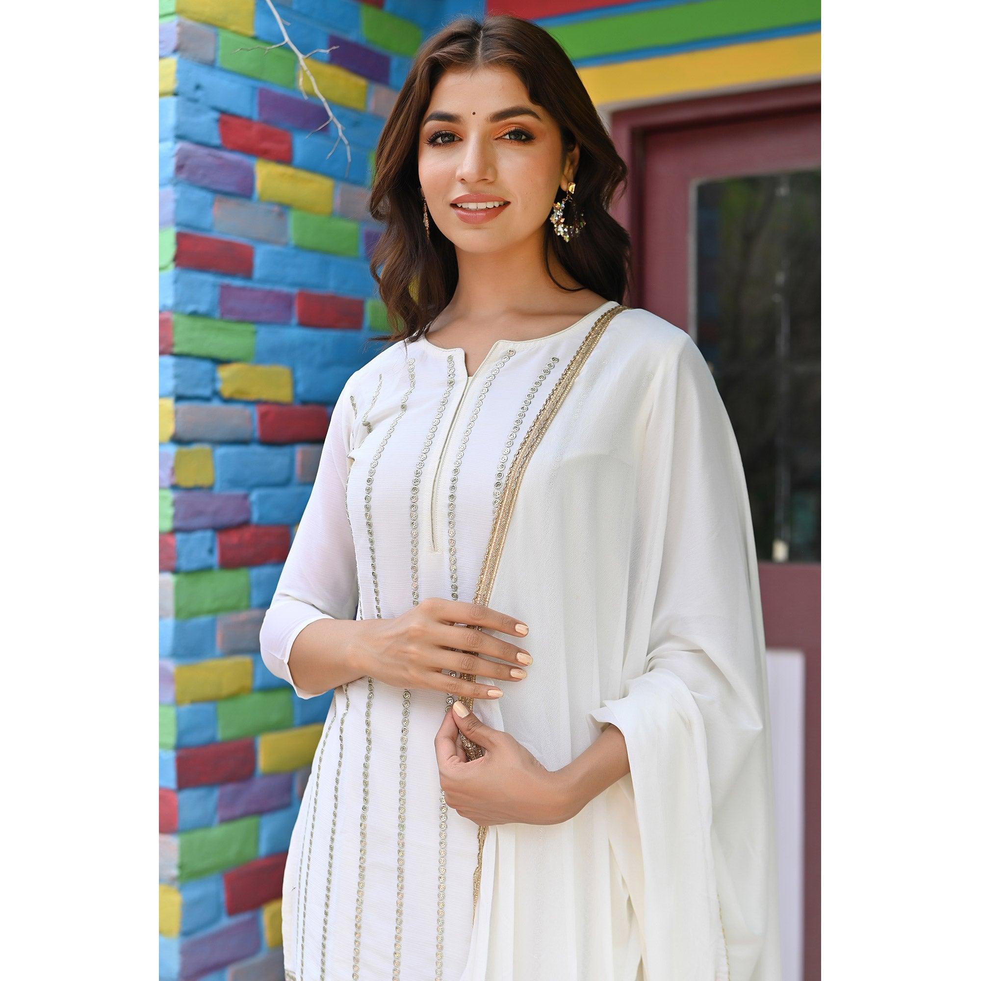 White Sequence Embroidered Chiffon Palazzo Suit - Peachmode
