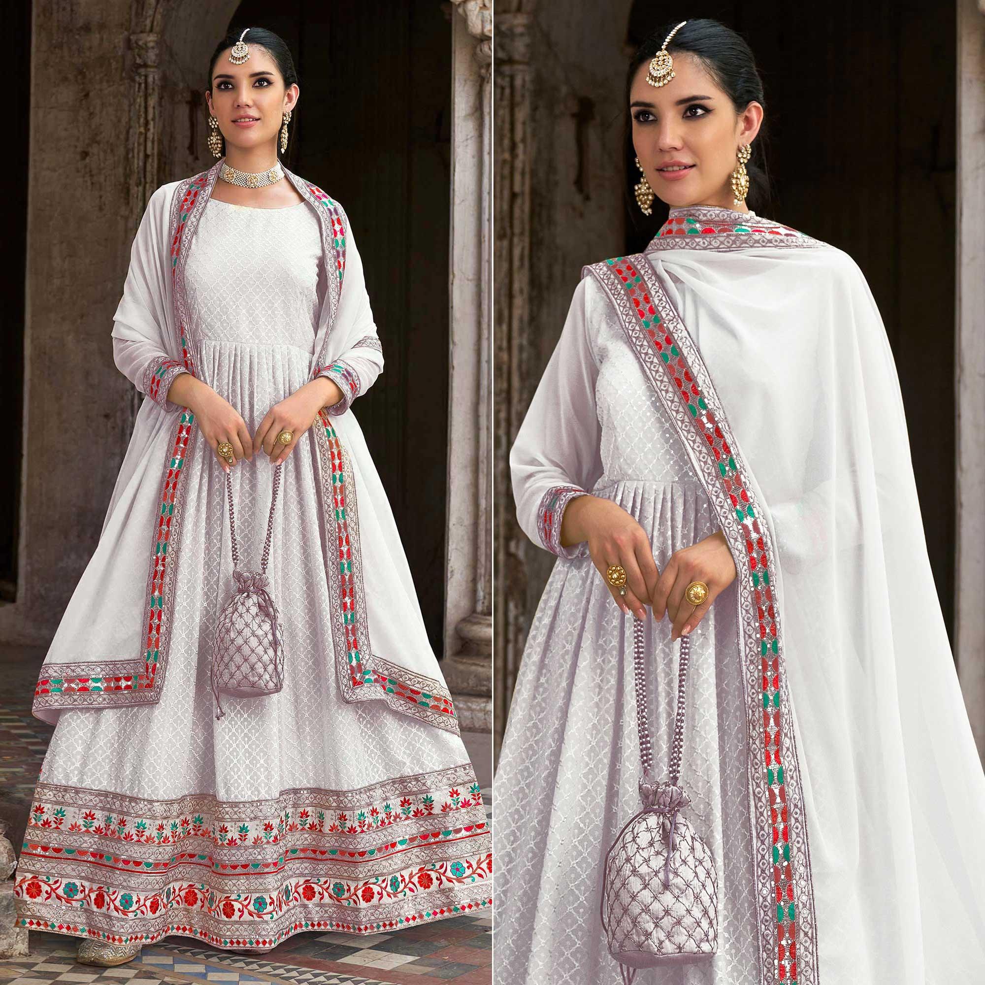 White Sequence Embroidered Georgette Anarkali Suit - Peachmode