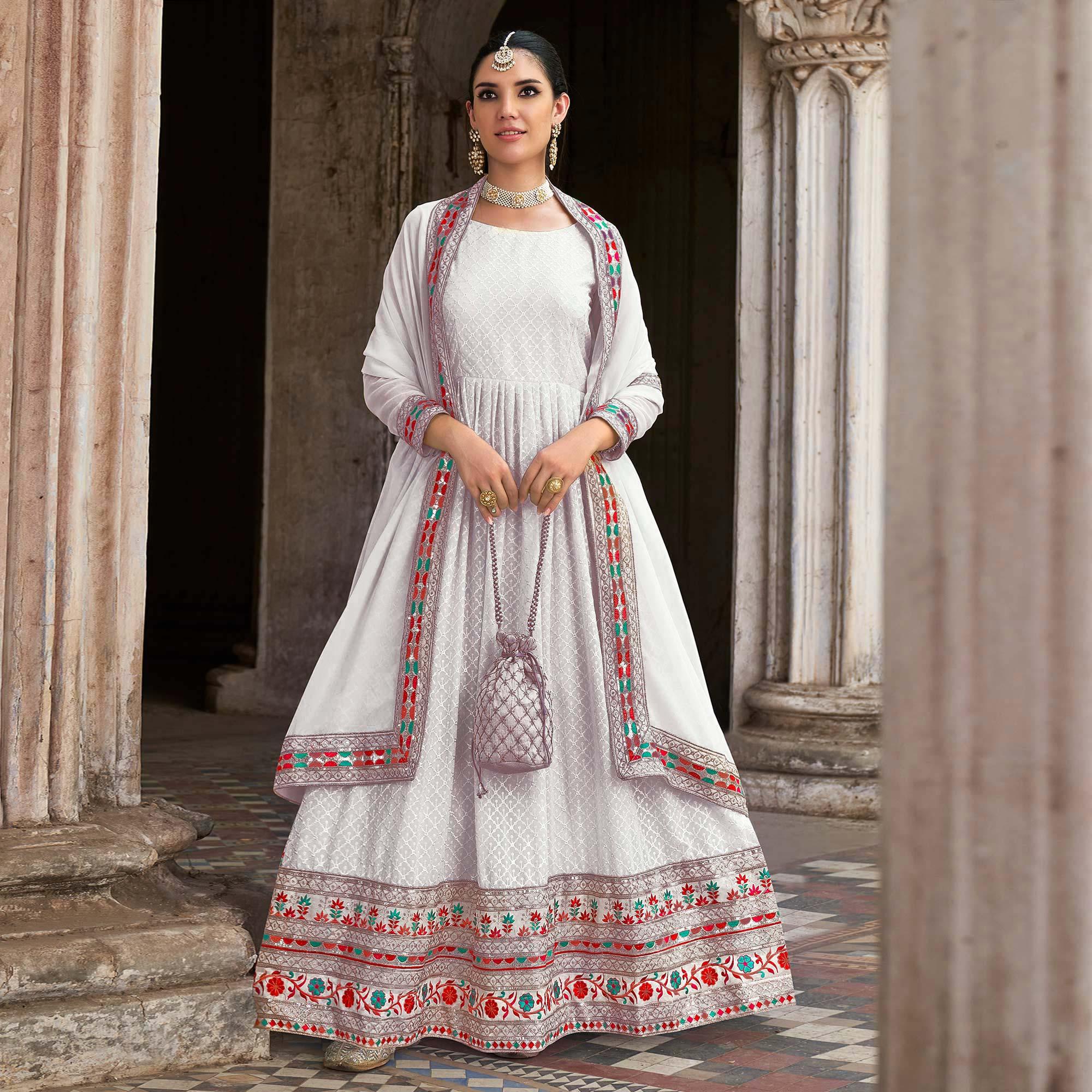 White Sequence Embroidered Georgette Anarkali Suit - Peachmode