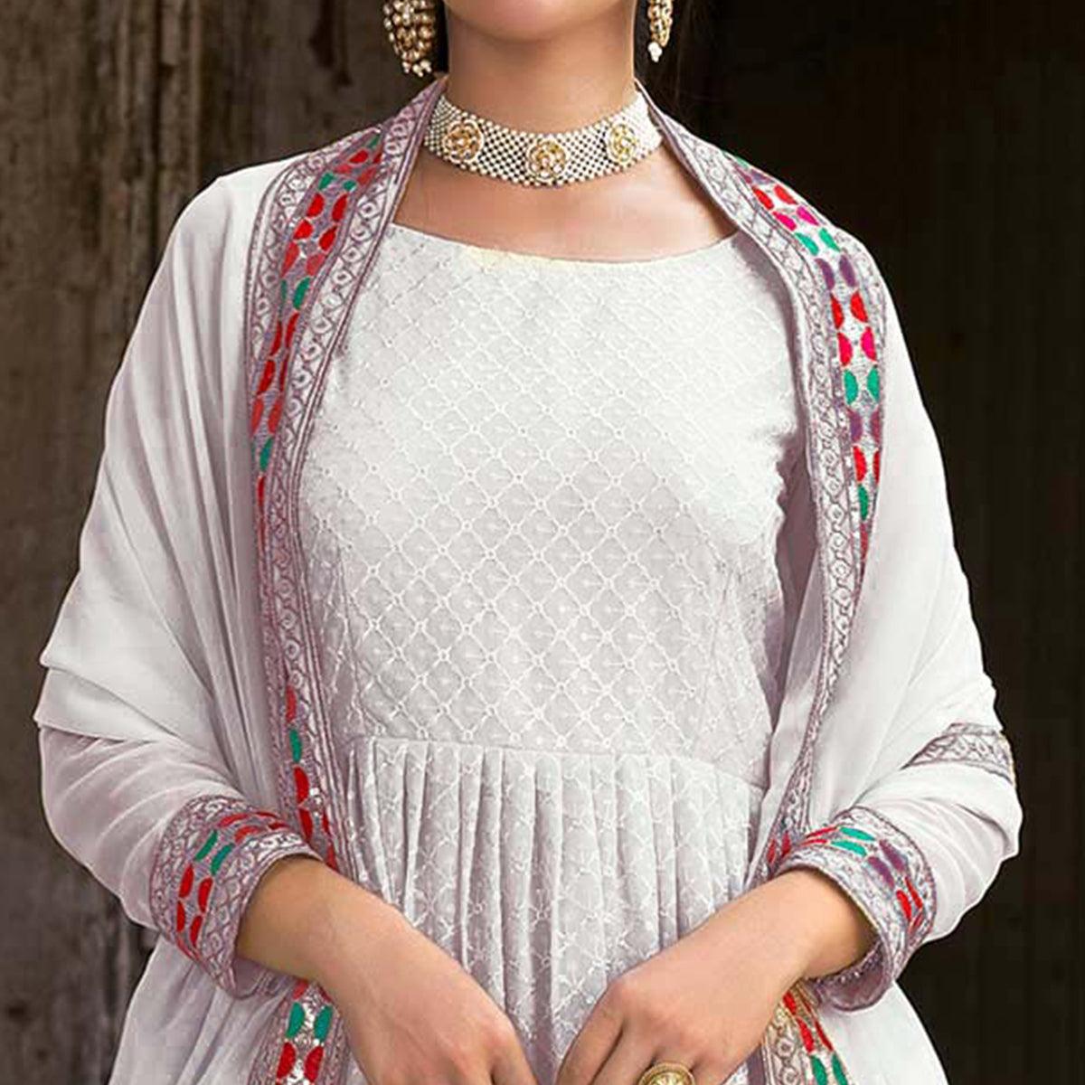 White Sequence Embroidered Georgette Anarkali Suit - Peachmode