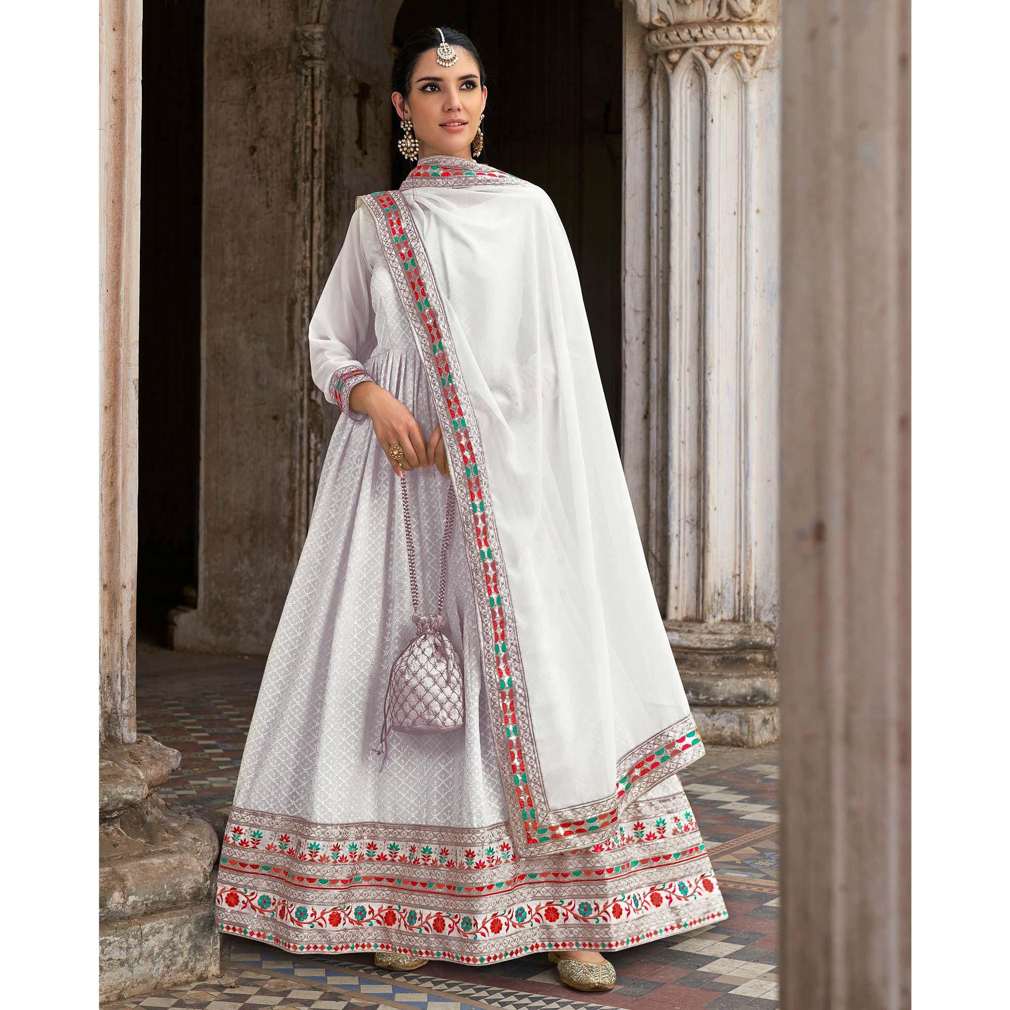 White Sequence Embroidered Georgette Anarkali Suit - Peachmode