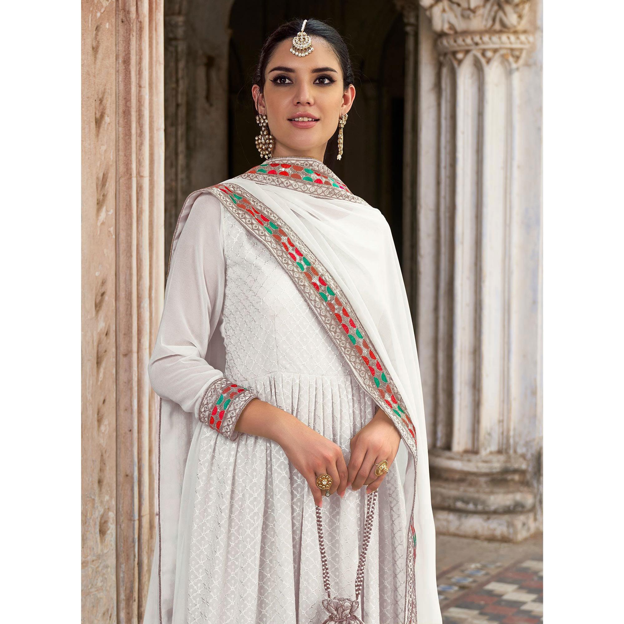 White Sequence Embroidered Georgette Anarkali Suit - Peachmode