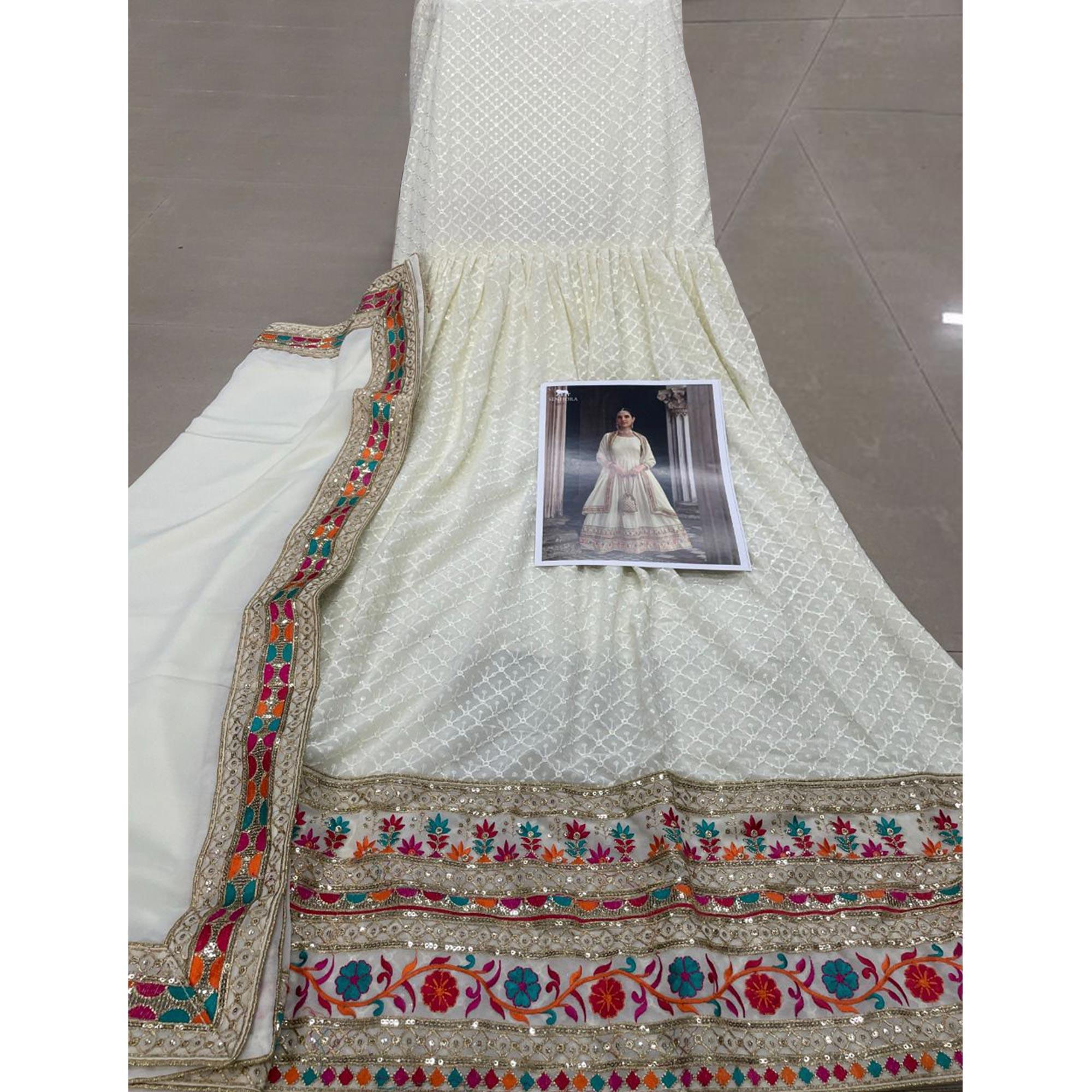 White Sequence Embroidered Georgette Anarkali Suit - Peachmode