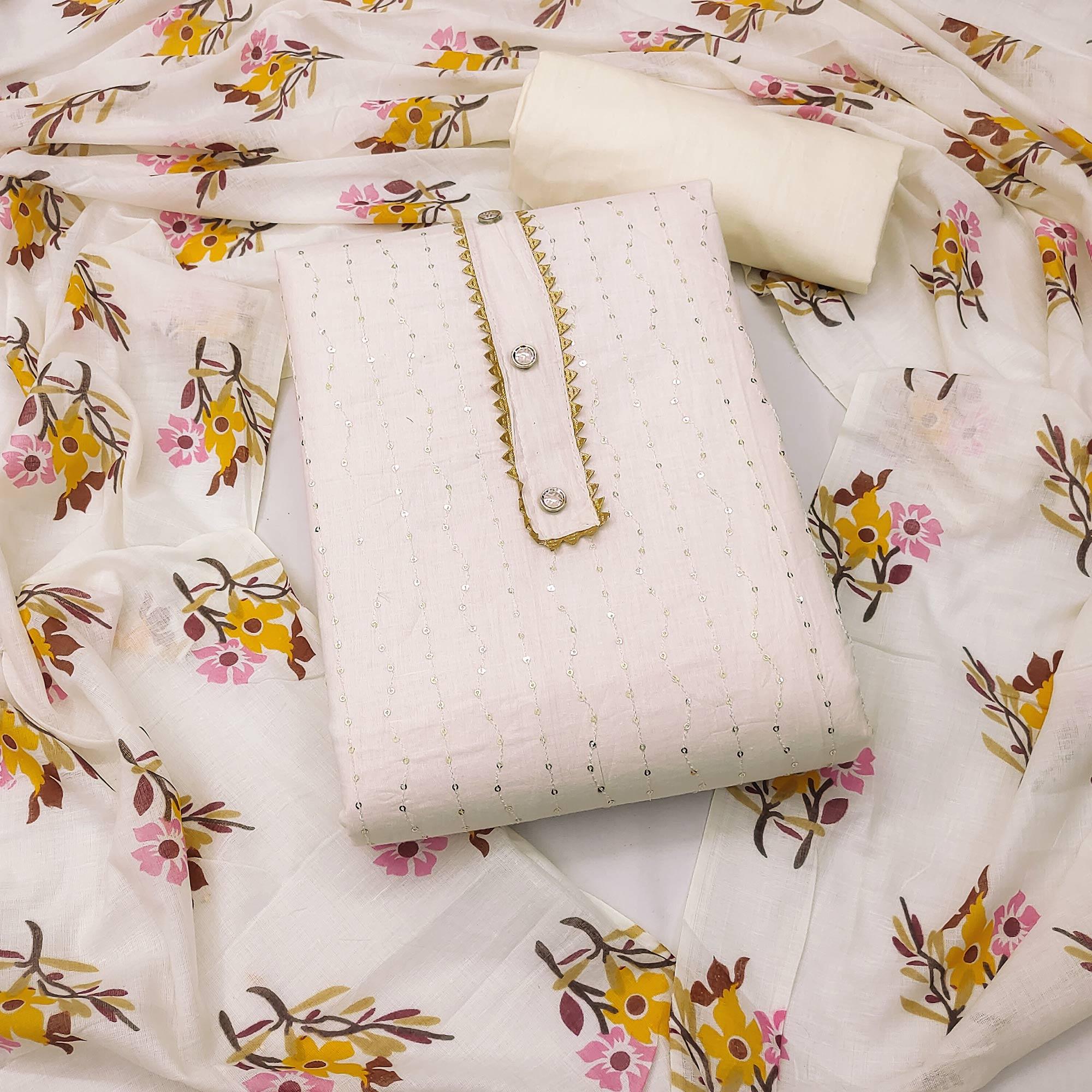 White Sequence Embroidered Poly Cotton Dress Material - Peachmode