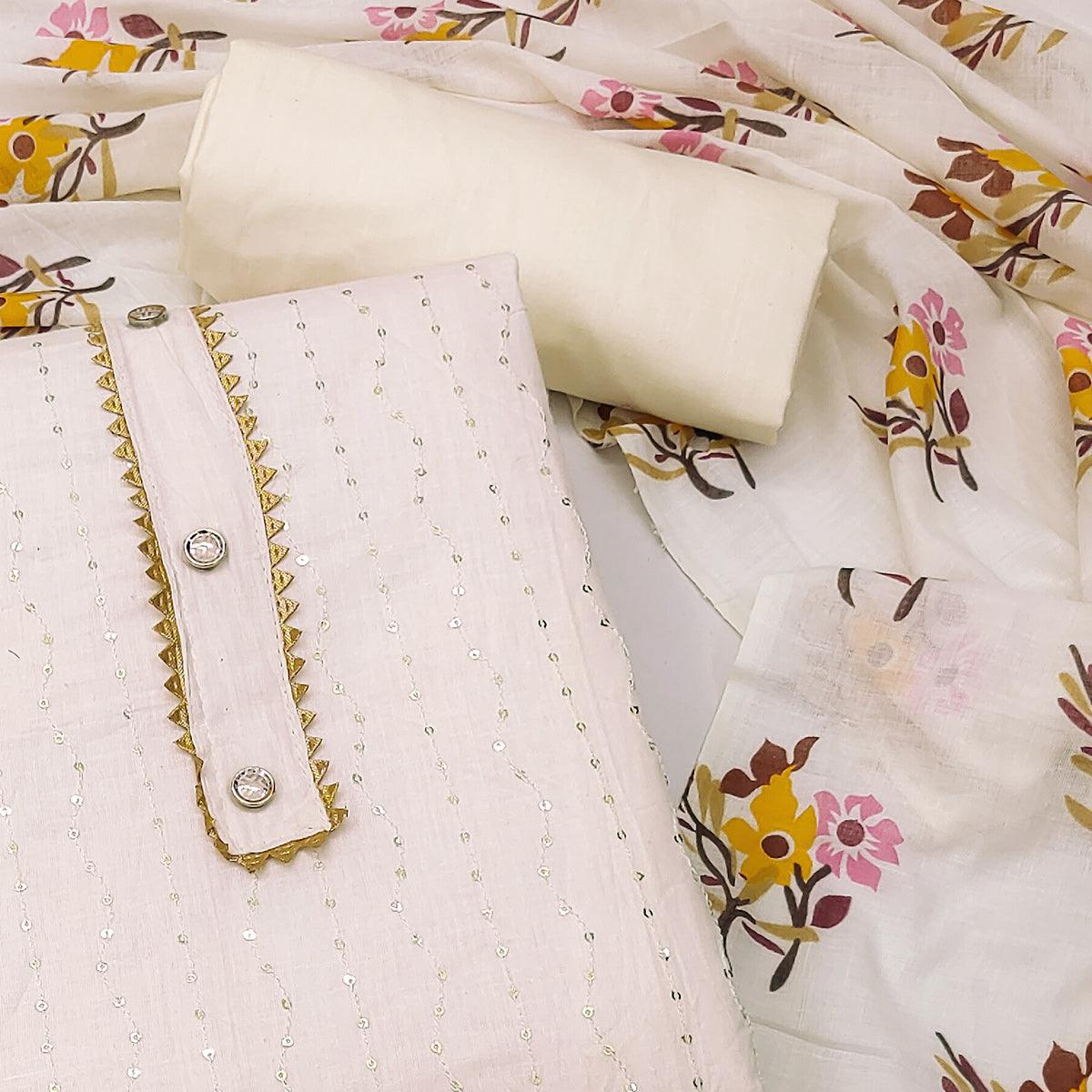 White Sequence Embroidered Poly Cotton Dress Material - Peachmode