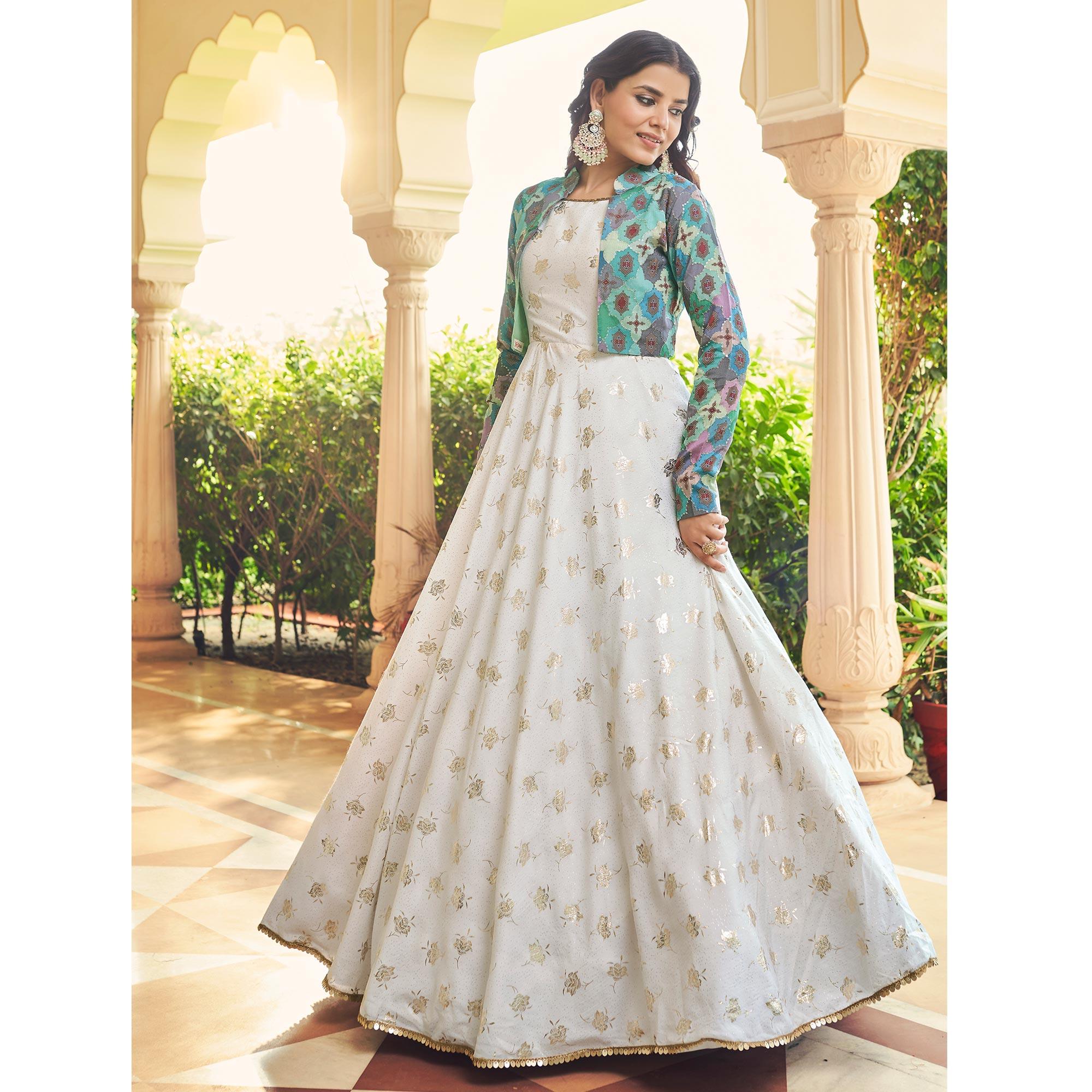 White Sequence Embroidered Pure Cotton Gown With Koti - Peachmode
