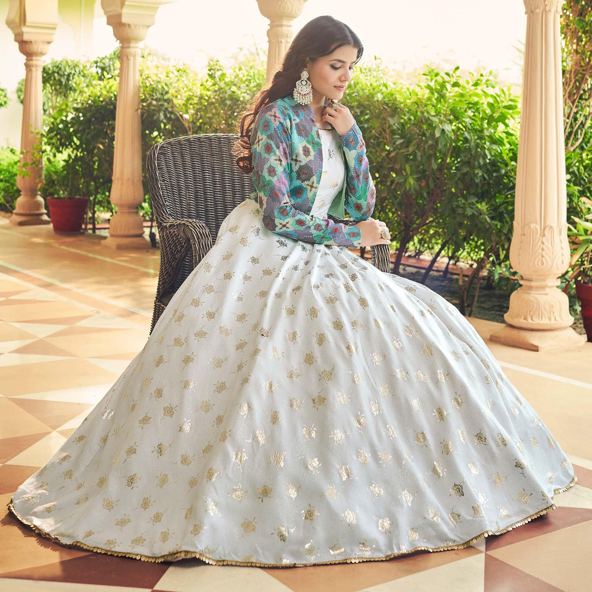 White Sequence Embroidered Pure Cotton Gown With Koti - Peachmode