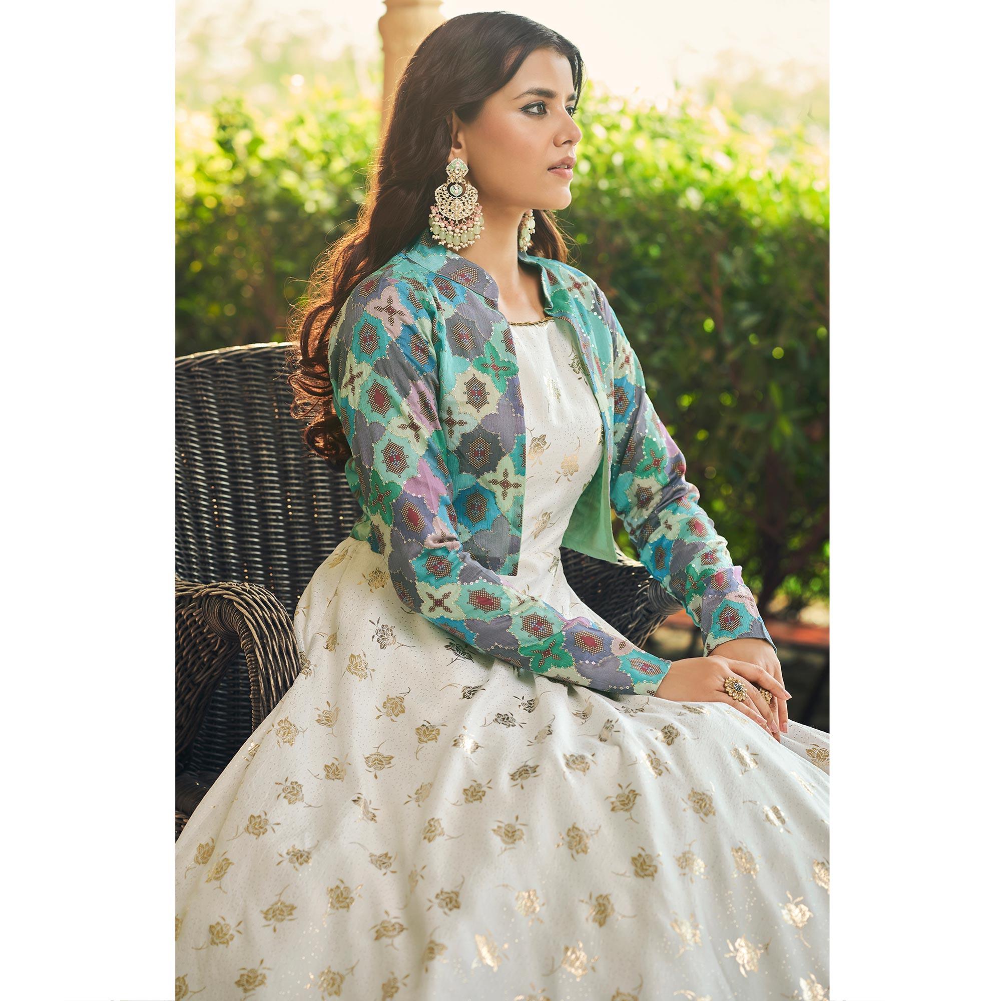 White Sequence Embroidered Pure Cotton Gown With Koti - Peachmode