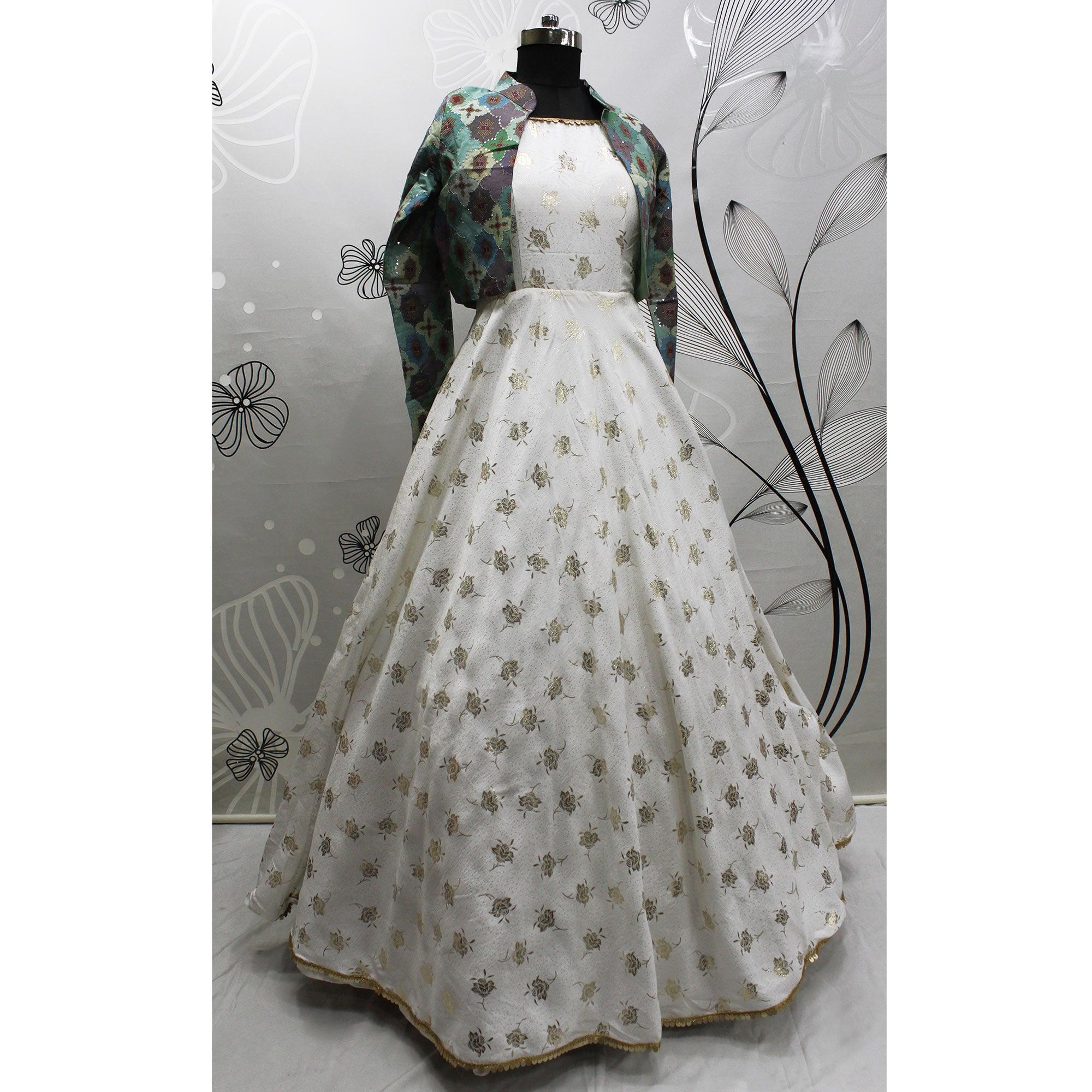 White Sequence Embroidered Pure Cotton Gown With Koti - Peachmode