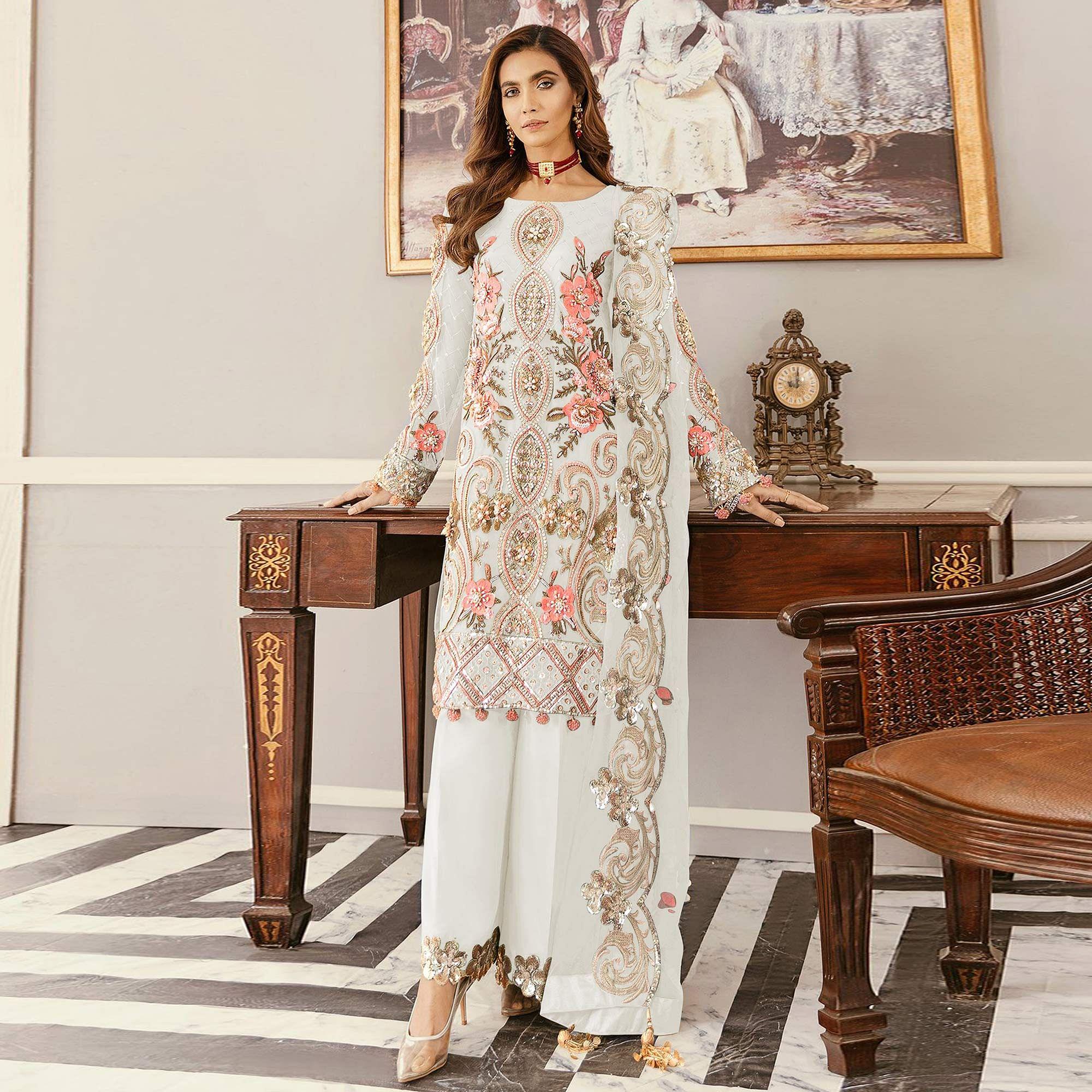 White Sequence Embroidered Soft Net Partywear Pakistani Suit - Peachmode
