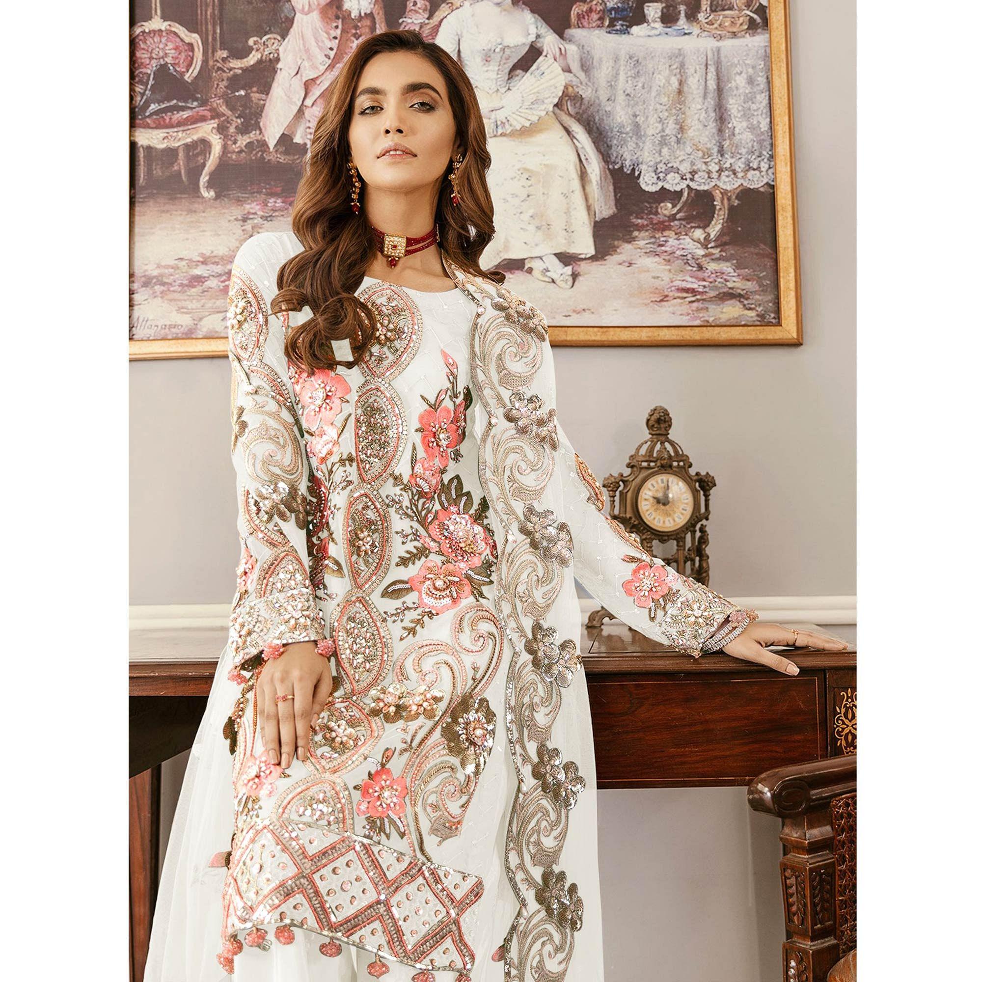 White Sequence Embroidered Soft Net Partywear Pakistani Suit - Peachmode