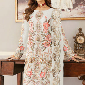 White Sequence Embroidered Soft Net Partywear Pakistani Suit - Peachmode