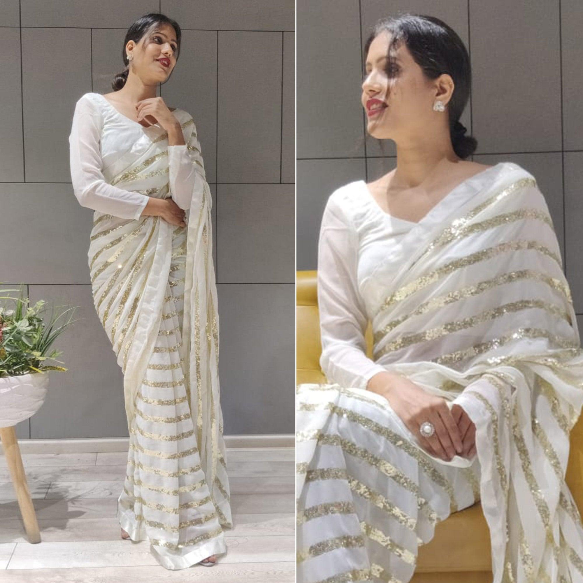 White Sequence Embroidered With Stripes Georgette Saree - Peachmode