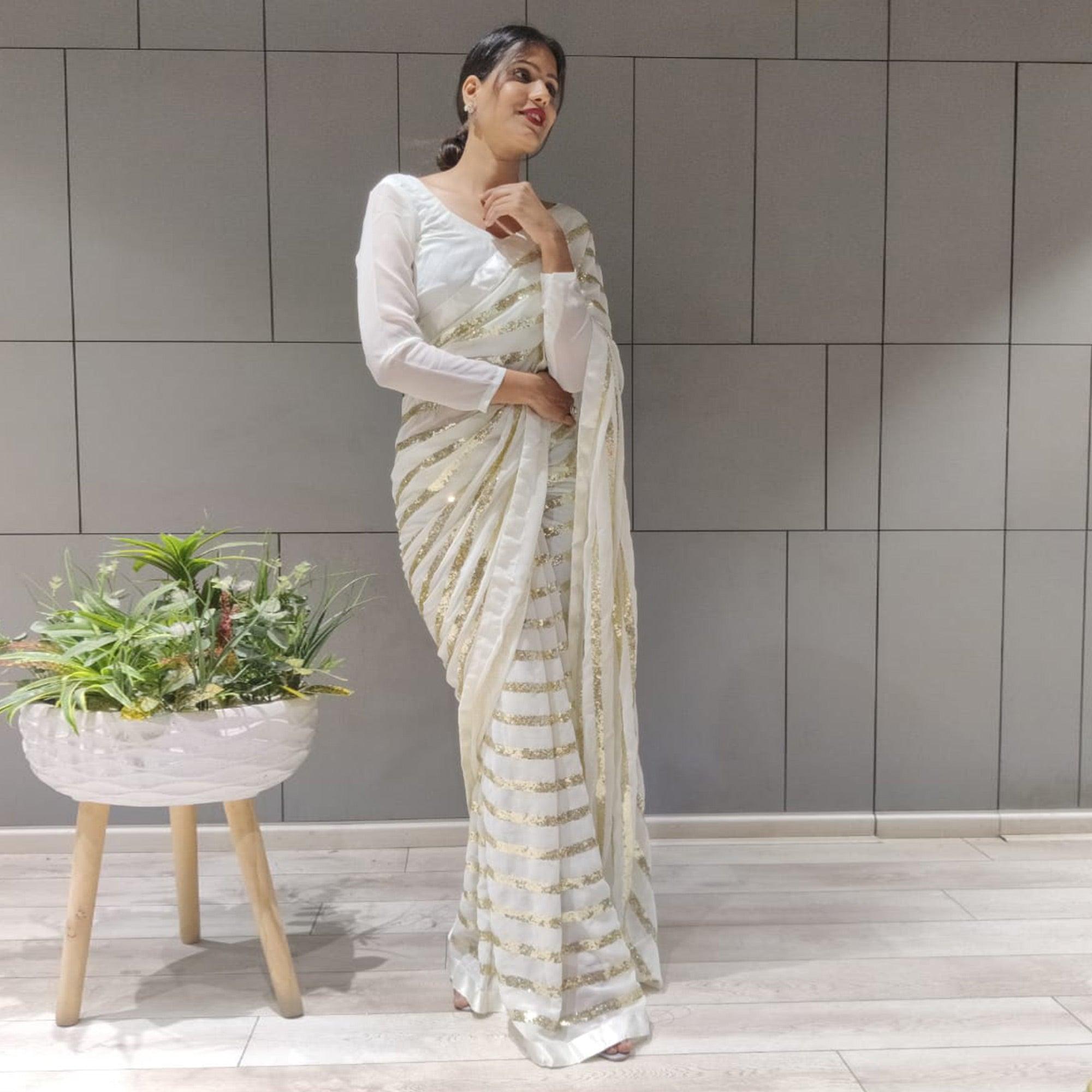 White Sequence Embroidered With Stripes Georgette Saree - Peachmode