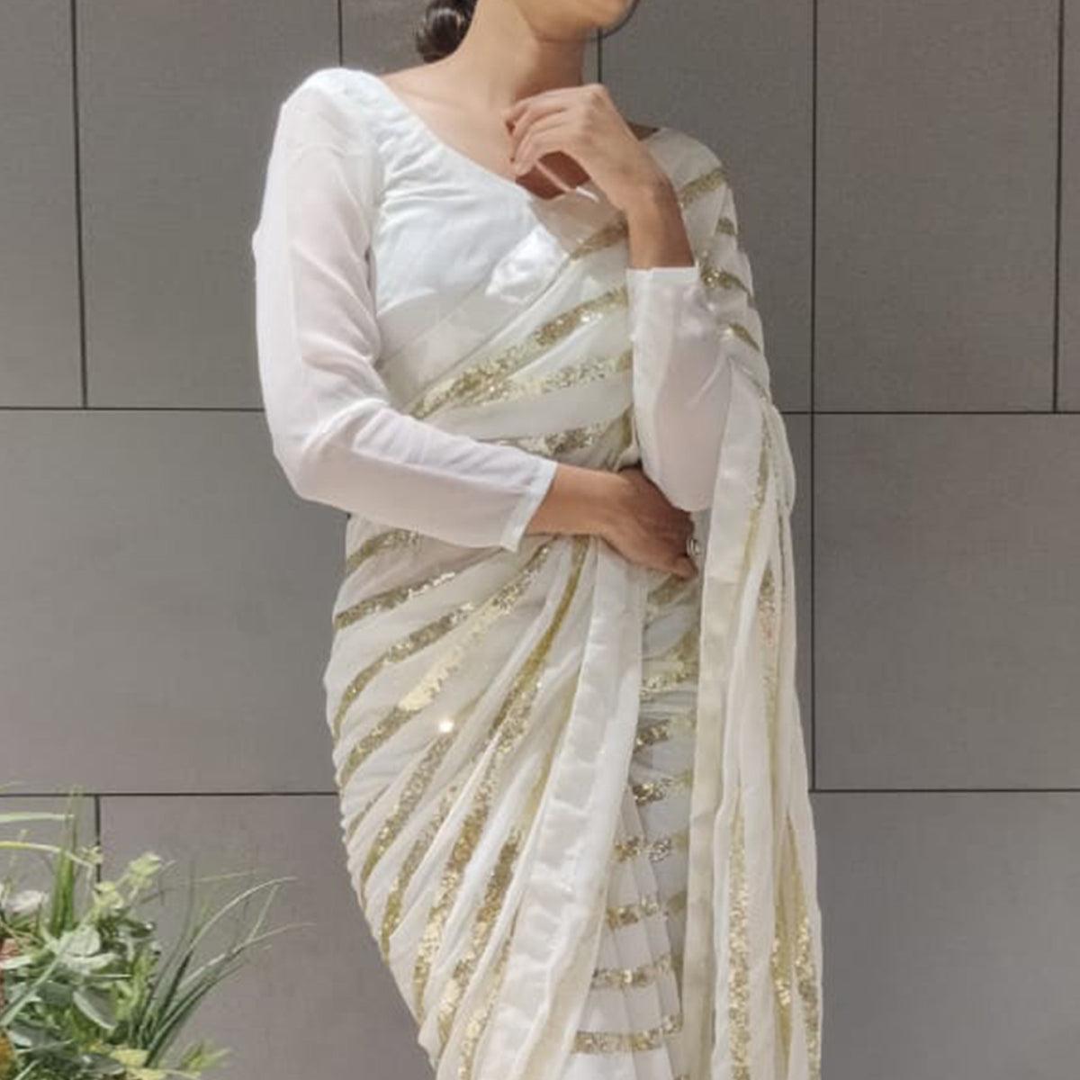 White Sequence Embroidered With Stripes Georgette Saree - Peachmode