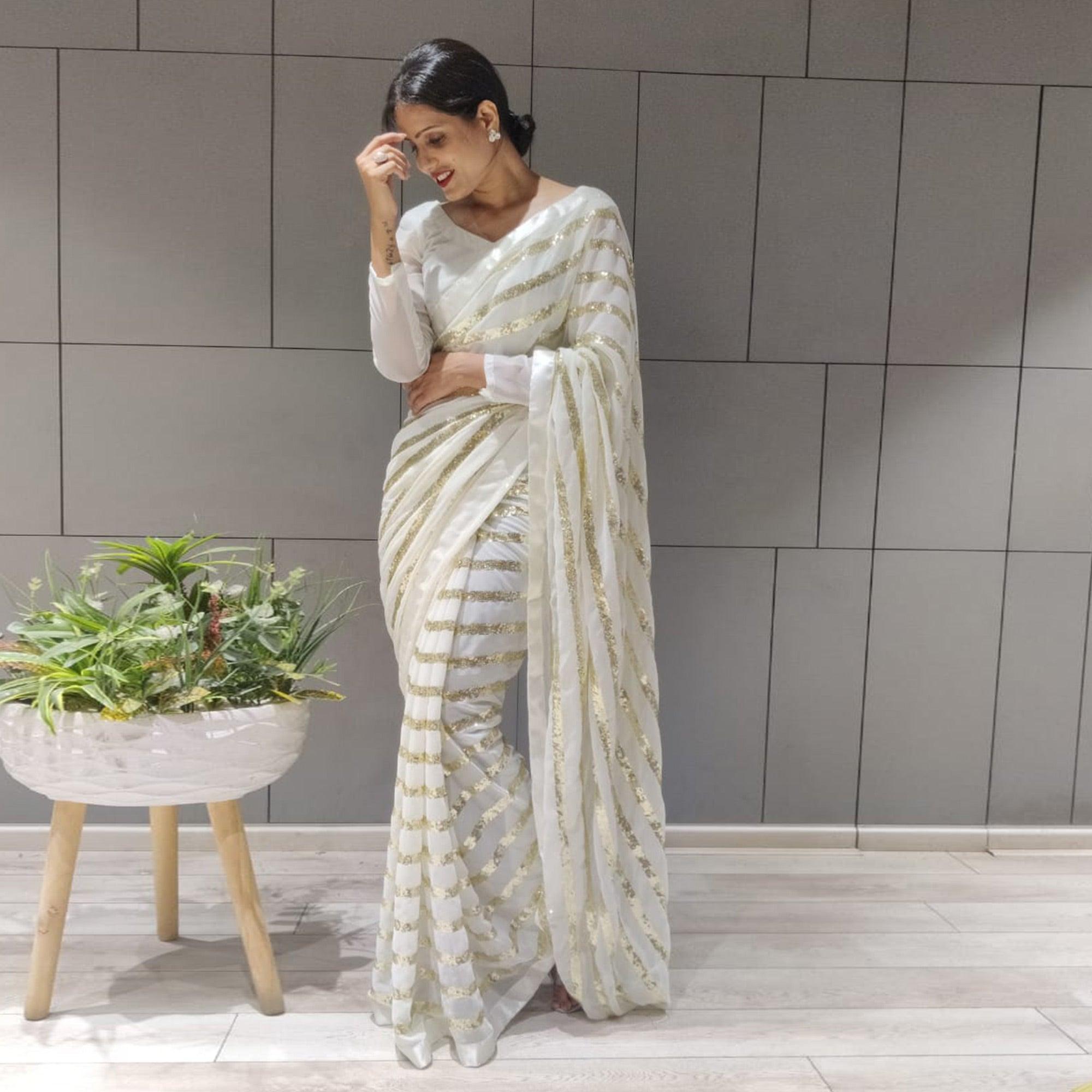 White Sequence Embroidered With Stripes Georgette Saree - Peachmode