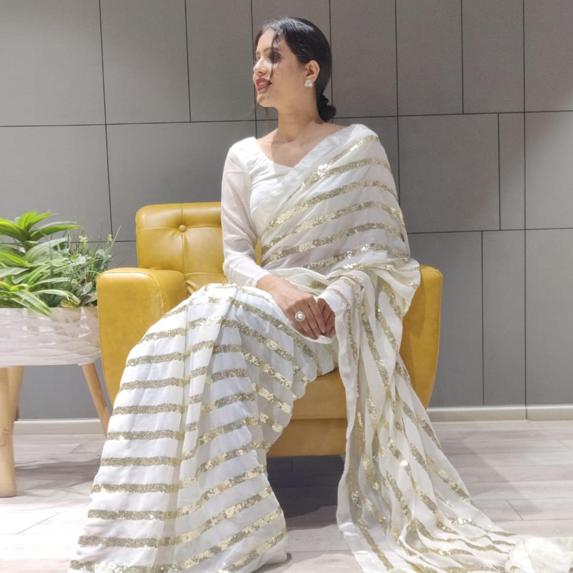 White Sequence Embroidered With Stripes Georgette Saree - Peachmode
