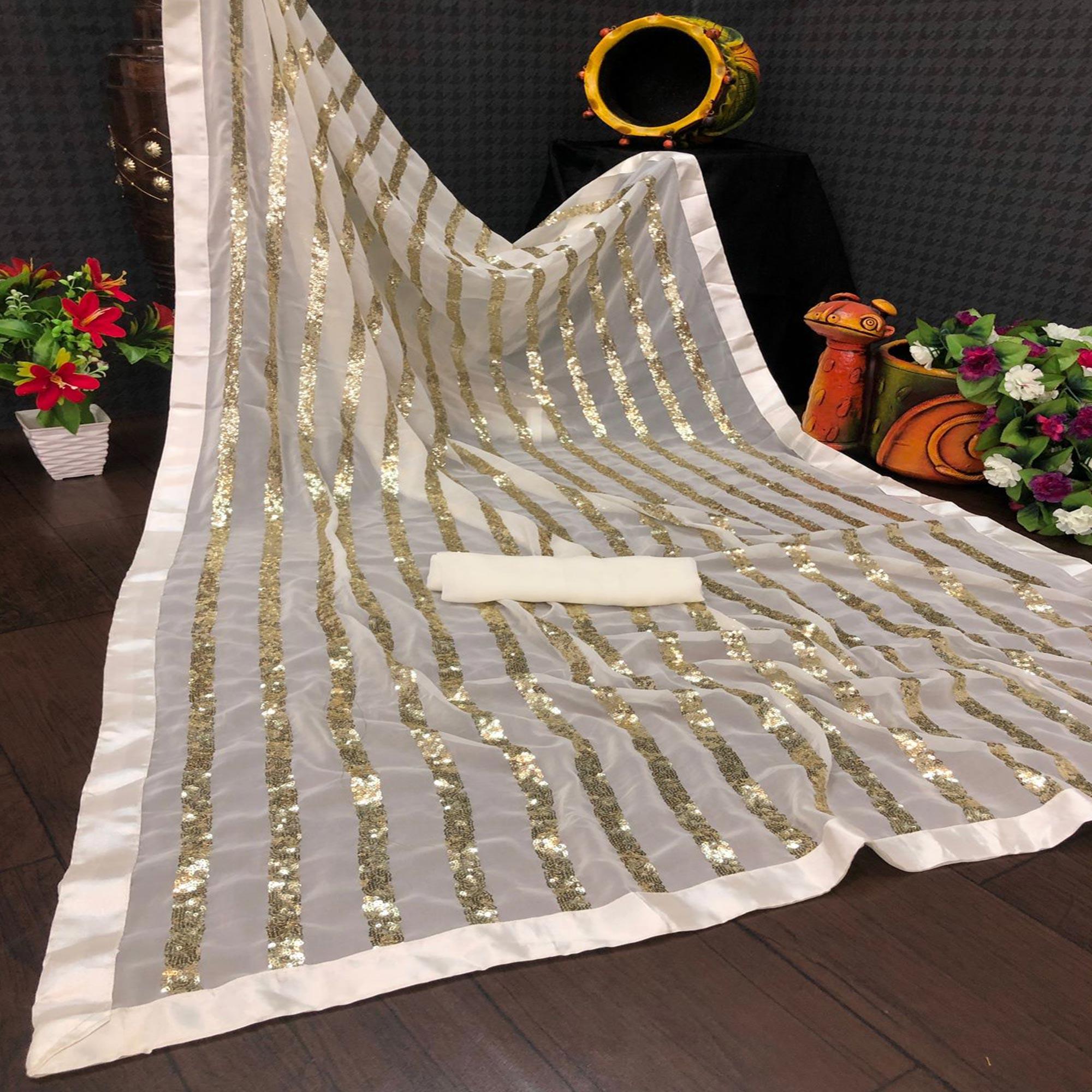 White Sequence Embroidered With Stripes Georgette Saree - Peachmode
