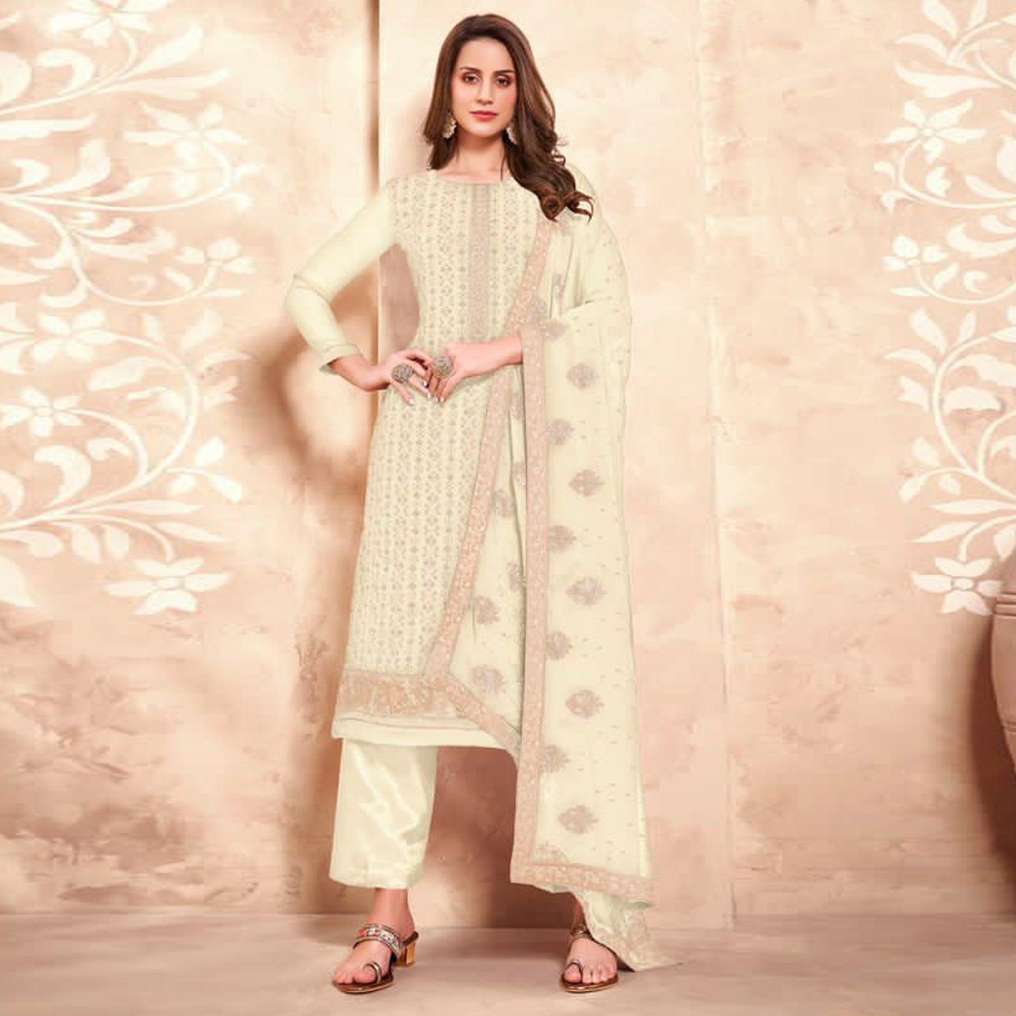 White Sequence Georgette Partywear Suit - Peachmode