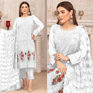 White Sequence With Floral Embroidered Georgette Pakistani Suit - Peachmode