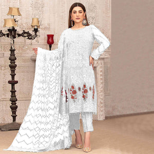 White Sequence With Floral Embroidered Georgette Pakistani Suit - Peachmode
