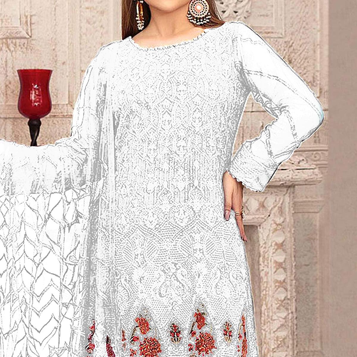 White Sequence With Floral Embroidered Georgette Pakistani Suit - Peachmode