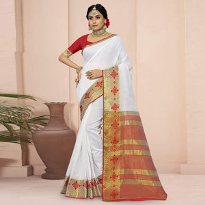 White Solid With Woven Border Poly Cotton Saree - Peachmode