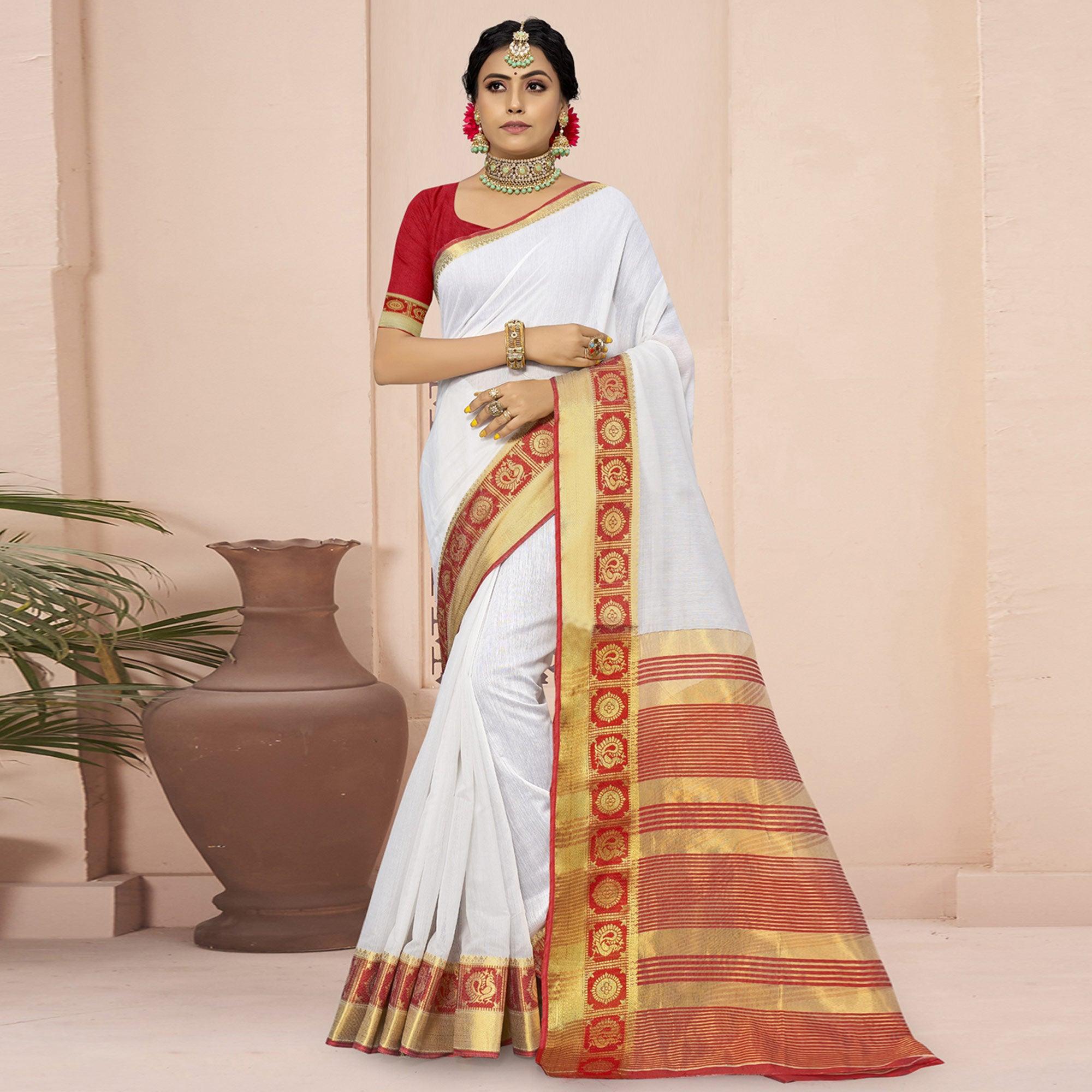 White Solid With Woven Border Poly Cotton Saree - Peachmode